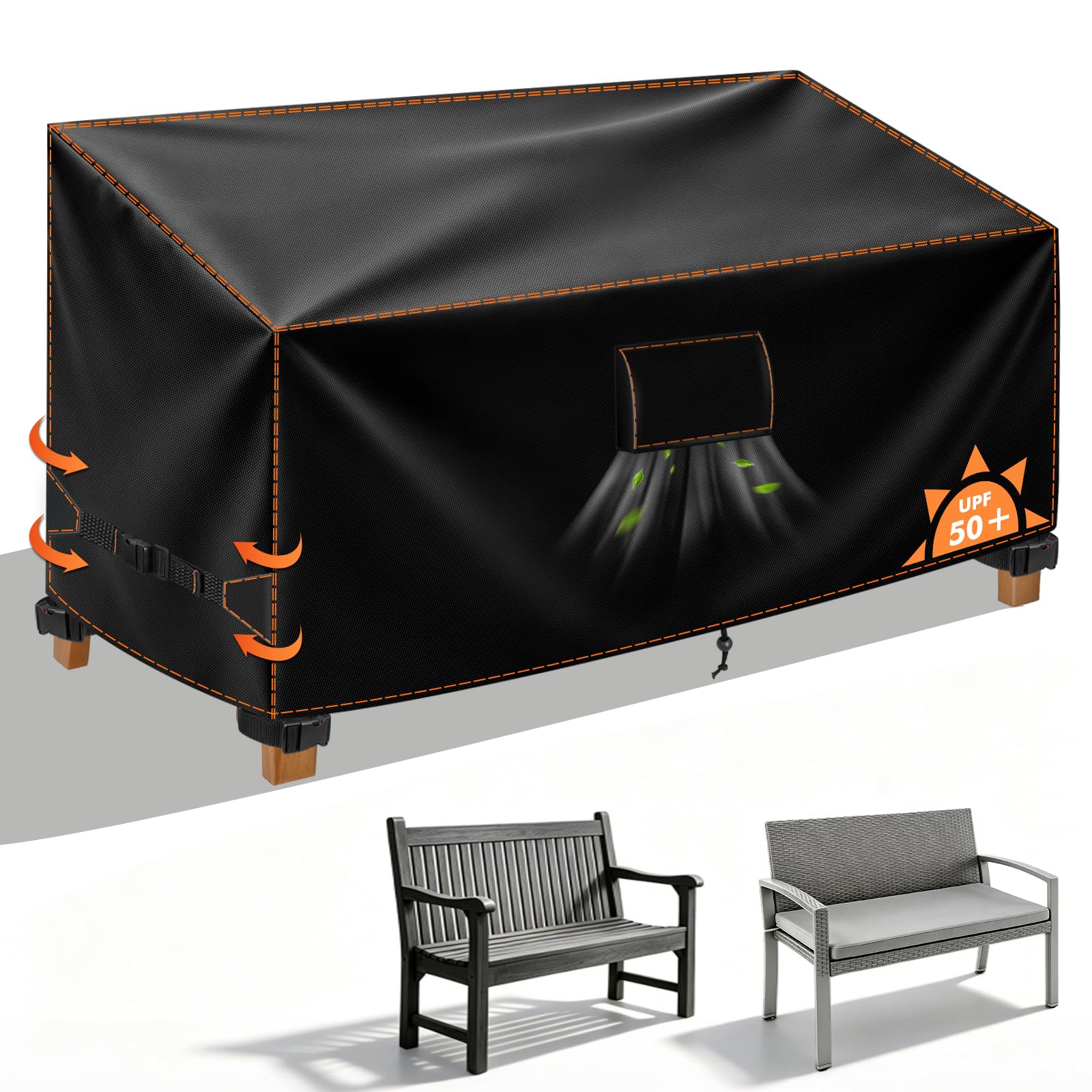 Outdoor Patio Bench Seat Cover Waterproof 2 Seater, 48Wx29Dx35H Inch, Black