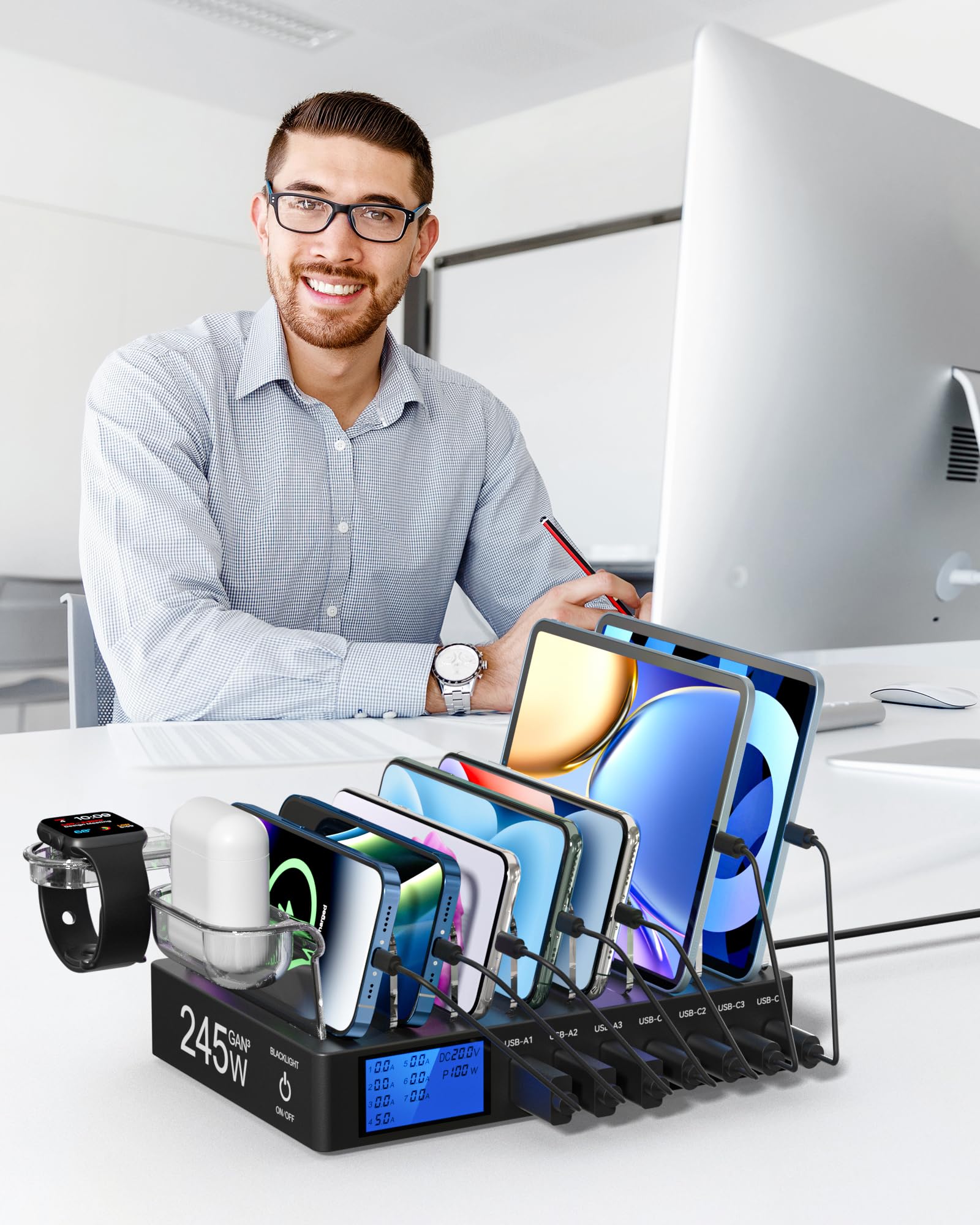 Stacja ładująca 245 W, 7 portów, wiele portów, ekran LCD, szybkie ładowanie USB C PD 100 W do iPhone'a, tabletu i innych urządzeń elektronicznych (bez kabla ładującego)