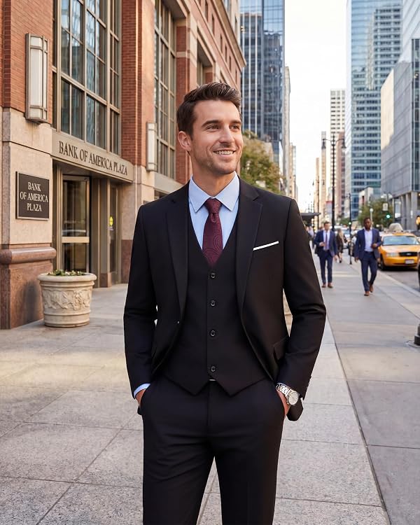WULFUL Men's 3 Piece Slim Fit Suit Set Stretch One Button Blazer Jacket Vest & Pants Tuxedo for Party Wedding Business Black by WULFUL - Used condition - Image 4