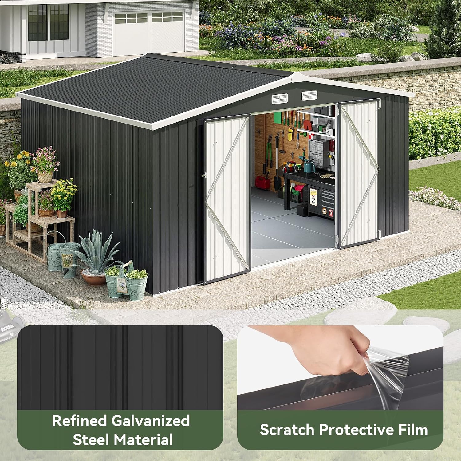 Aoxun 12x10 FT Metal Outdoor Storage Shed (Model G37004BK04A-HJ ...