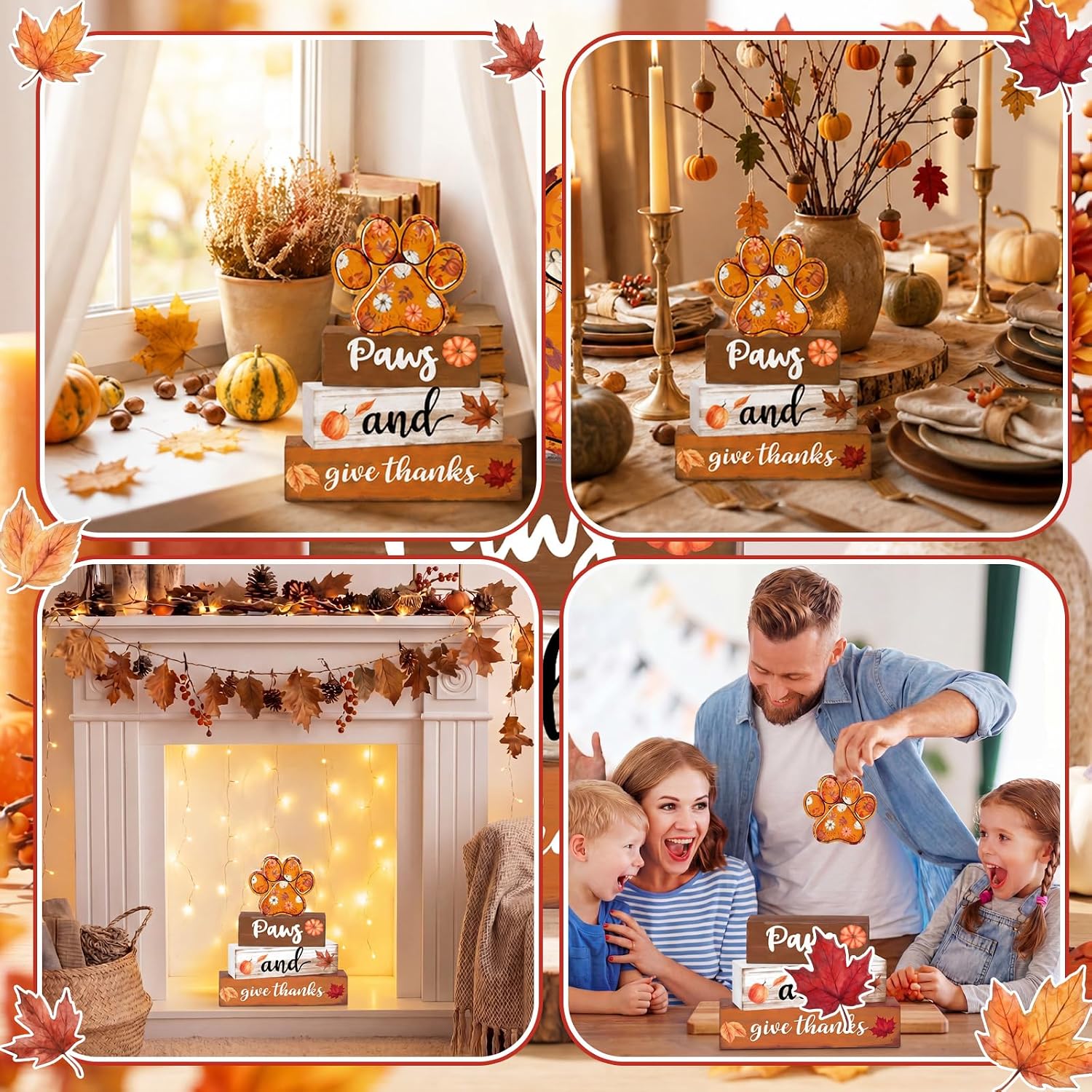 Amyhill 4 Pcs Fall Dog Paw Tiered Tray Wooden Table Sign Decor