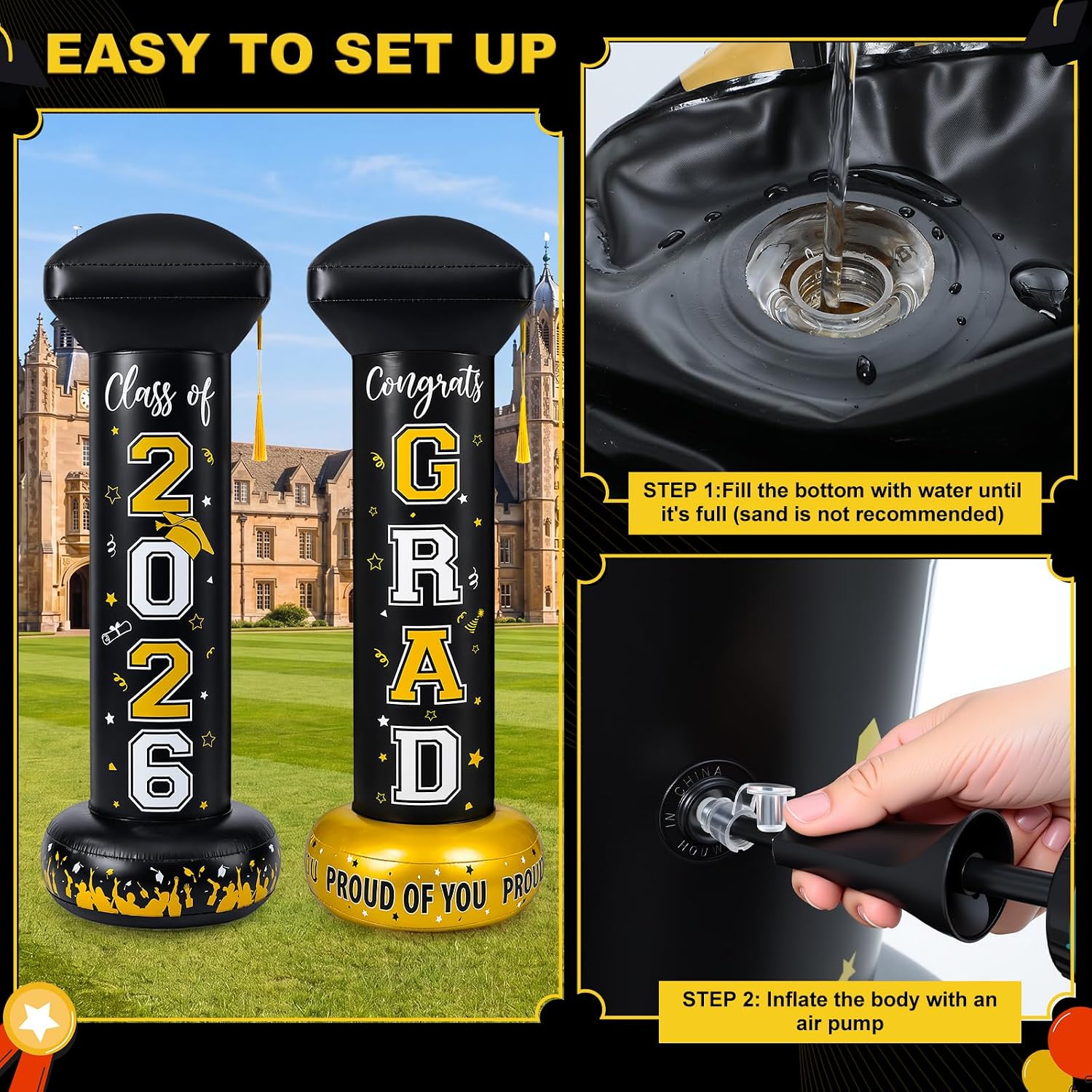 Jenaai 2pcs 4.9ft 2026 Inflatable Graduation Decorations, Large Bachelor's Cap Blow up Decor, Black Gold Grad Inflatable Decor, Congrats Grad Blow up Yard Sign for Lawn Party, High School College