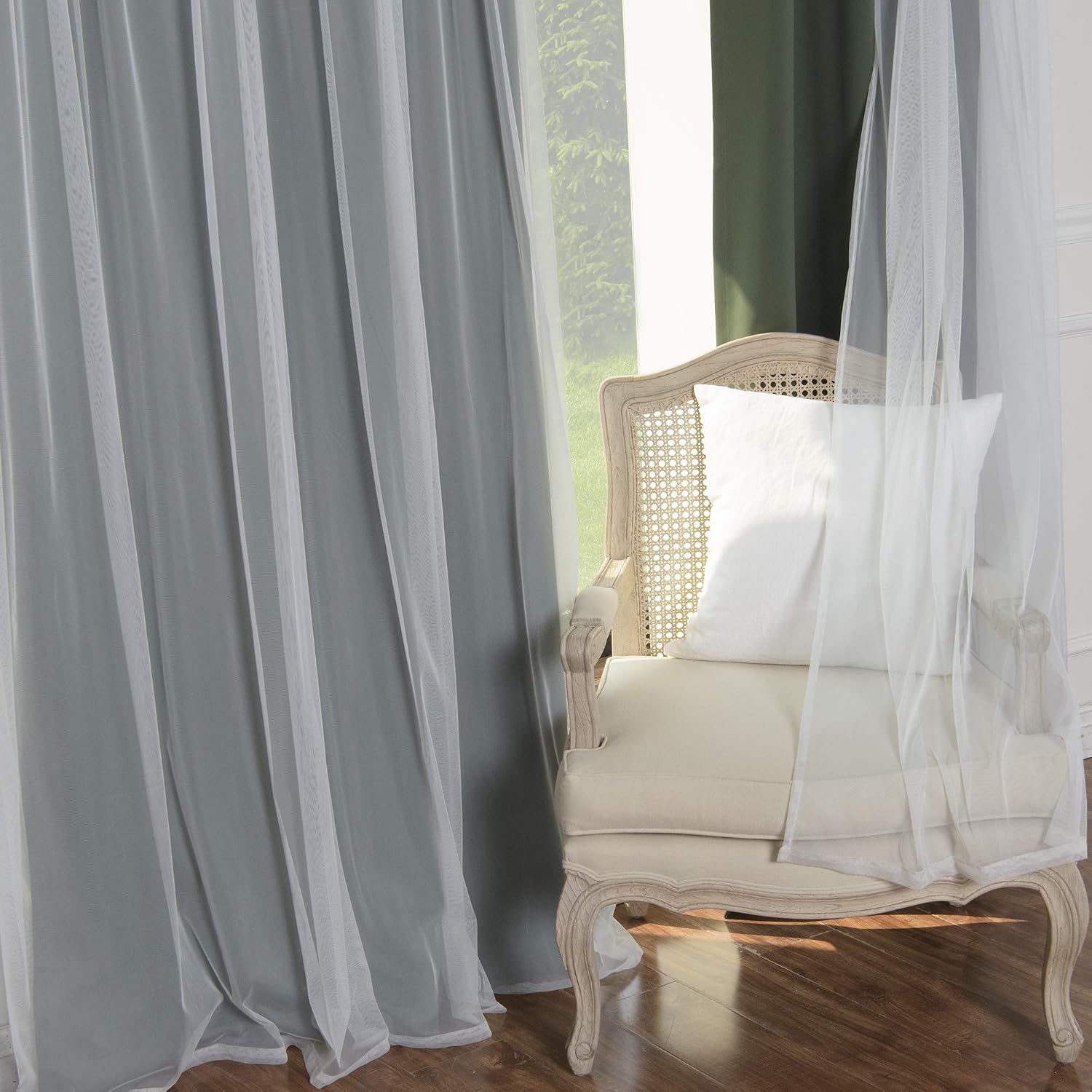 Best Home Fashion Mix & Match Tulle Sheer Lace & Blackout Curtain Set - Antique Bronze Grommet Top - Moss - 52"W x 84"L - (2 Curtains and 2 Sheer curtains)