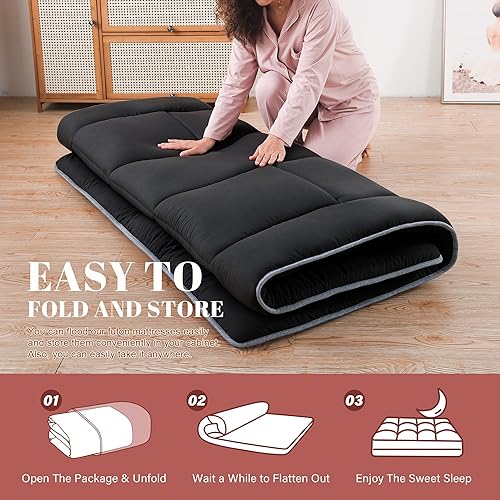 Miniatura 5 de WhatsBedding Colchón japonés de 3 pulgadas, tapete de tatami negro relleno de espuma viscoelástica triturada, plegable y portátil, tumbona
