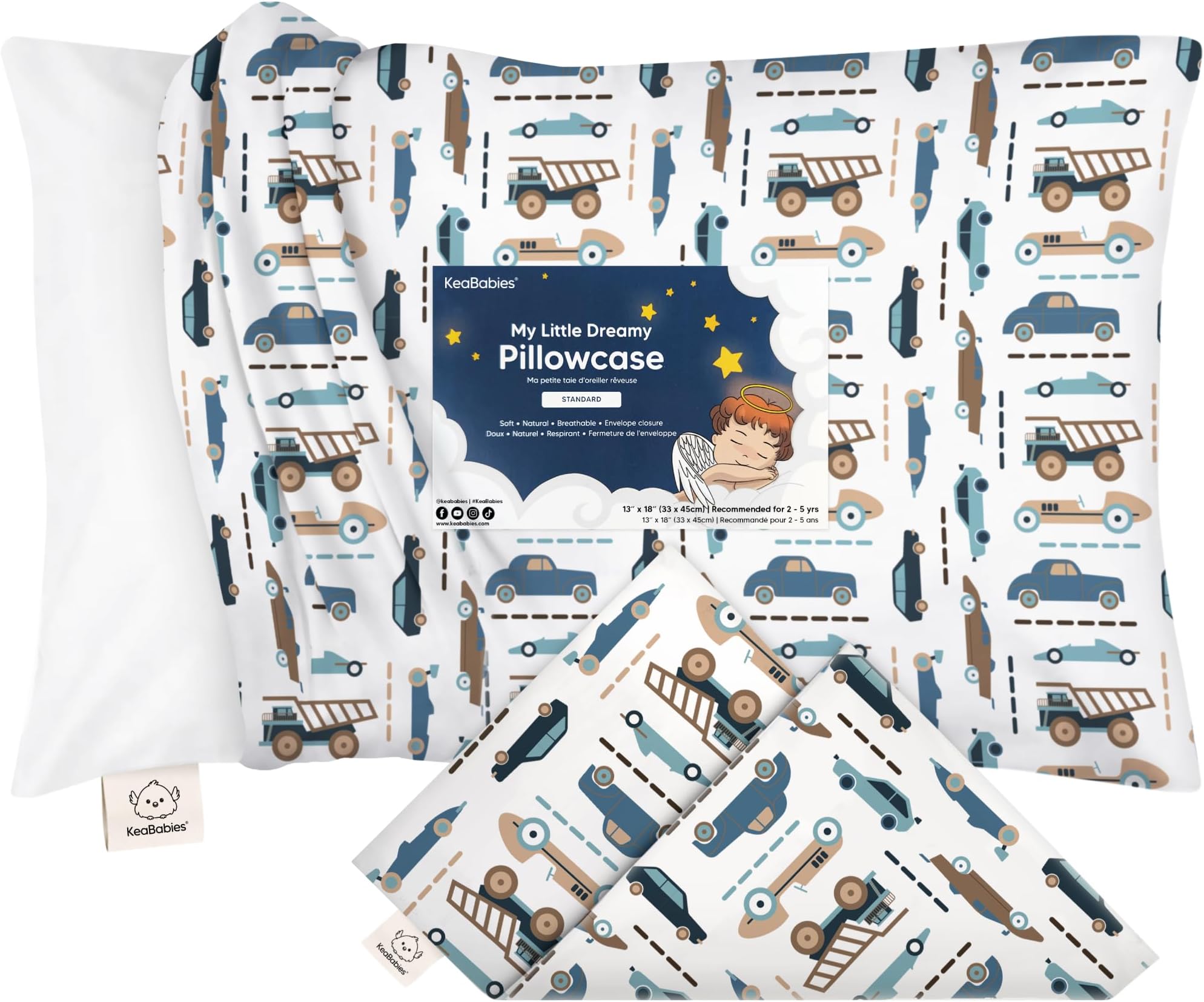 KeaBabies Toddler Pillowcase for 13X18 Pillow - Organic Toddler Pillow Case for Boy, Kids - 100% Natural Cotton Pillowcase for Miniature Sleepy Pillows - Pillow Sold Separately (Vroom)