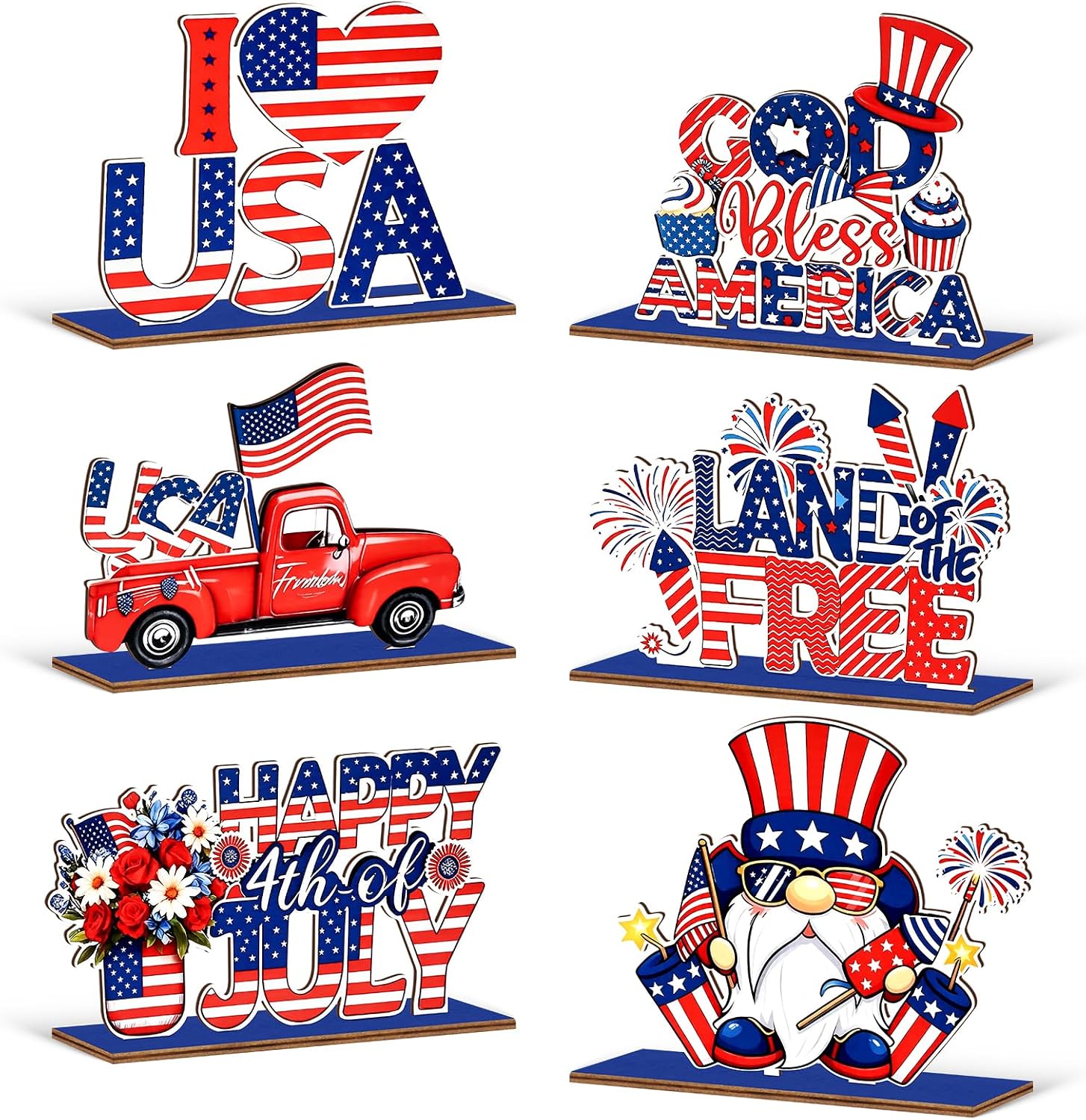 6 Pcs 4th of July Patriotic Wooden Table Decorations,Independence Day Table Centerpiece,250th Anniversary of Independence Day Commemoration Home Party Supplies