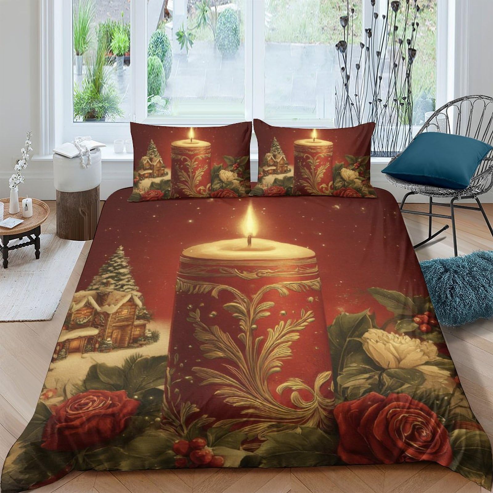 Ctjqhvkz Style-10 3D Printed Christmas Candle Fitted Sheet Microfiber Red Festive Pinecone Mattress Cover For Bedroom Guest Room Decor Single（135X200cm）
