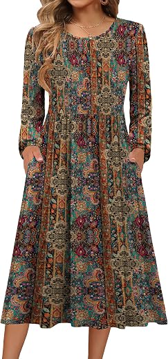 Zeagoo Long Sleeve Dresses for Women 2025 Fall Winter Casual Flowy A-Line Boho Midi Party Long Dress with Pockets