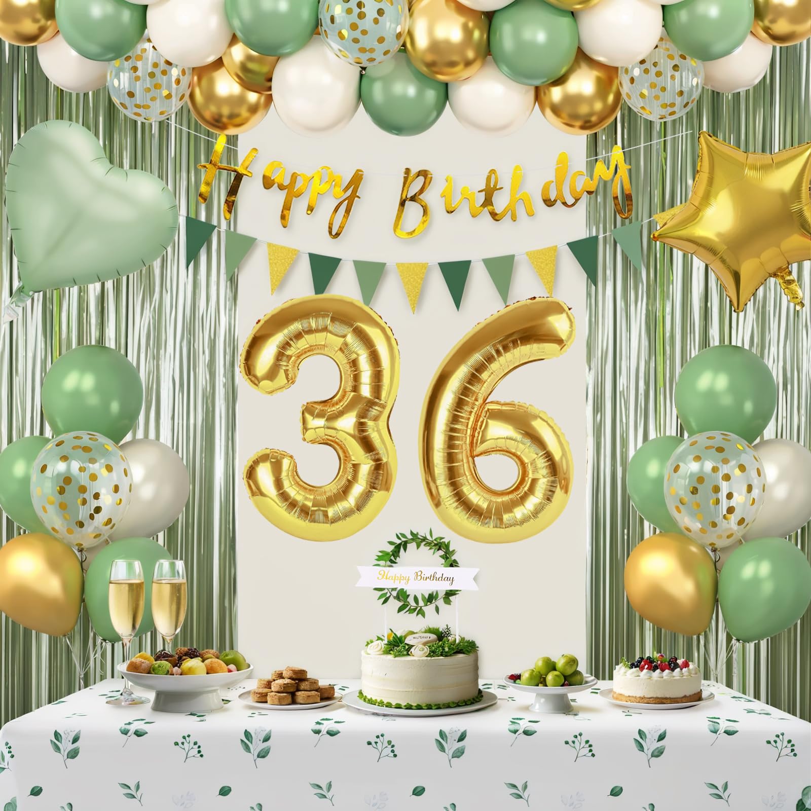 Sage Green 36th Birthday Decorations for Women, Happy 36th Birthday Decorations for Her, Green Gold Balloons, Foil Balloons, Happy Birthday Banner,