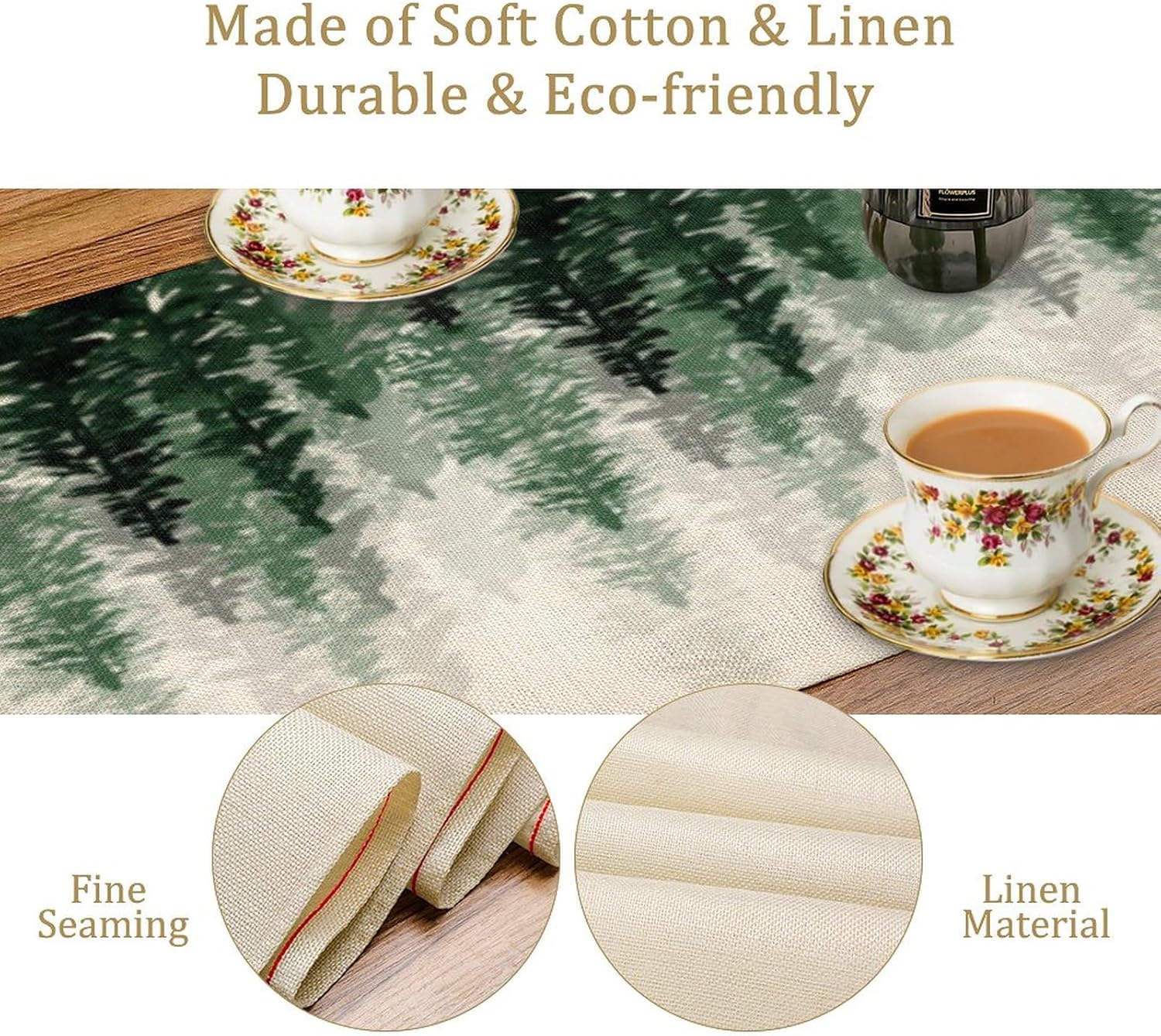 Green Forest Pine Trees Table Runner, Woodland Tabletop Scarf Home Kitchen Holiday Decor, Seasonal Farmhouse Rustic Dining Decorations Party Supply 13 X 108 Inch