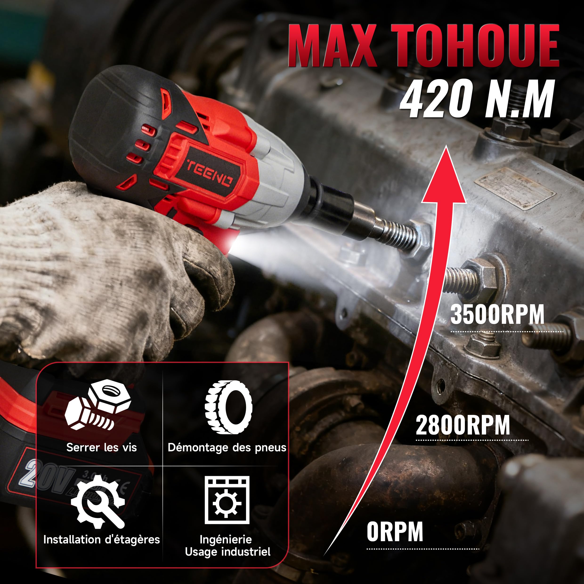 TEENO Brushless Clé à chocs sans fil, 320Nm Boulonneuse a Choc avec 3.0Ah Batterie, Boulons de Roue, Boîte avc 25pcs Accessoires