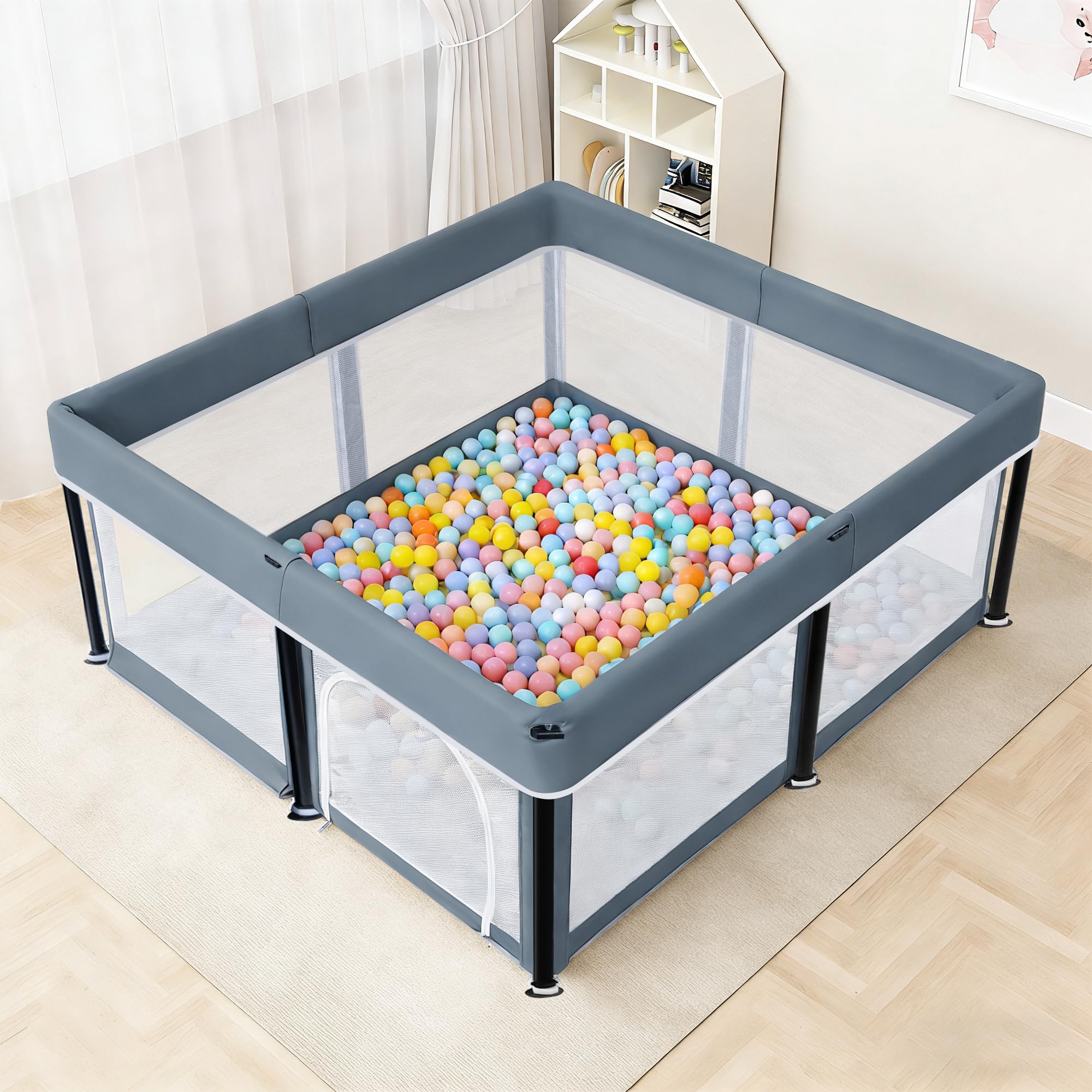 Parc pour bébé - 180 x 180 cm - Pliable - Gris foncé | Clôture de jeu 150D Oxford pour intérieur et extérieur avec sac de rangement, parc
