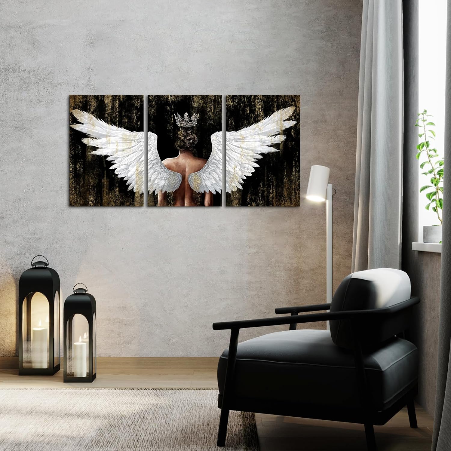 OuElegent Gold Black Angel Wings Wall Art Canvas Prints Girl Wearing Crown Contemporary Artwork for Living Room Bedroom Decor Framed 16"x24"x3pcs (Black, Medium)