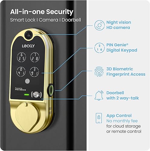 Miniatura 2 de Lockly Vision Smart Lock, cerraduras inteligentes de timbre de video HD para puerta delantera, cerradura de puerta de huellas dactilares, teclado de