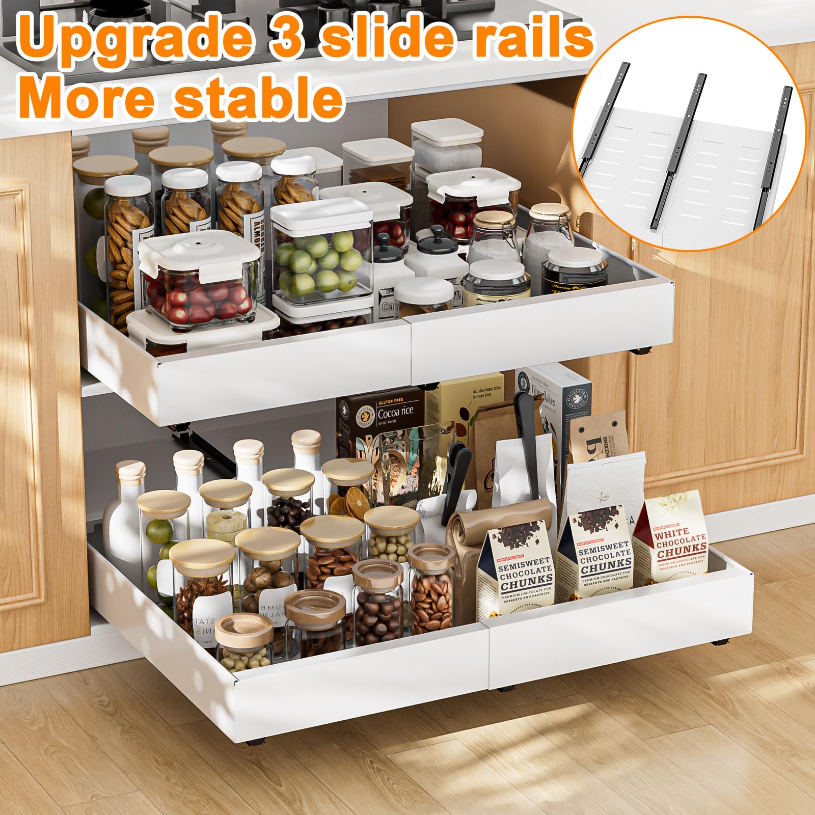 Diealles Shine Teleskopschublade, 2 Stück Einstellbare Breite 31-52CM Ausziehbare Schublade Küche, Ohne Bohren Küchenschrank Organizer Ausziehbar für Kitchen