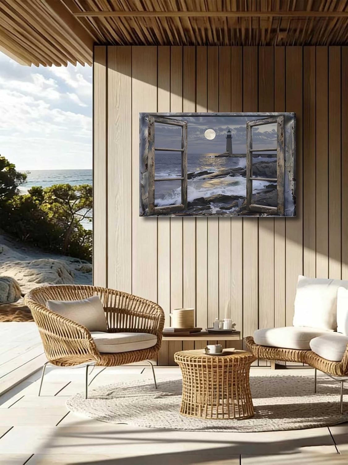 XNWEAPLF Nautical Lighthouse Wall Art Summer seascape Lighthouse Wall Decor Coastal scenery canvas Coastal Bathroom poster Suitabl for bedrooms bathrooms and living rooms Frame