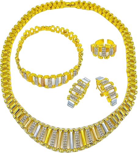 LifflyLadys Conjunto de joyas de cristal de moda 18 k 24 K chapado en oro para mujeres Rhinestone cristal transparente collar pendientes accesorios