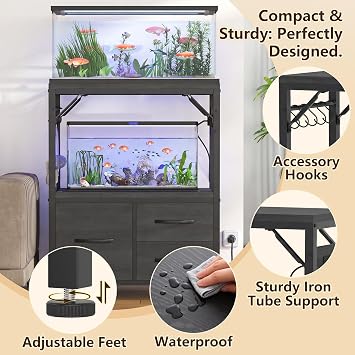 Heybly 10-20Gal Fish Tank Stand with Drawer, Power Outlet,200lb HAS003SBK-1