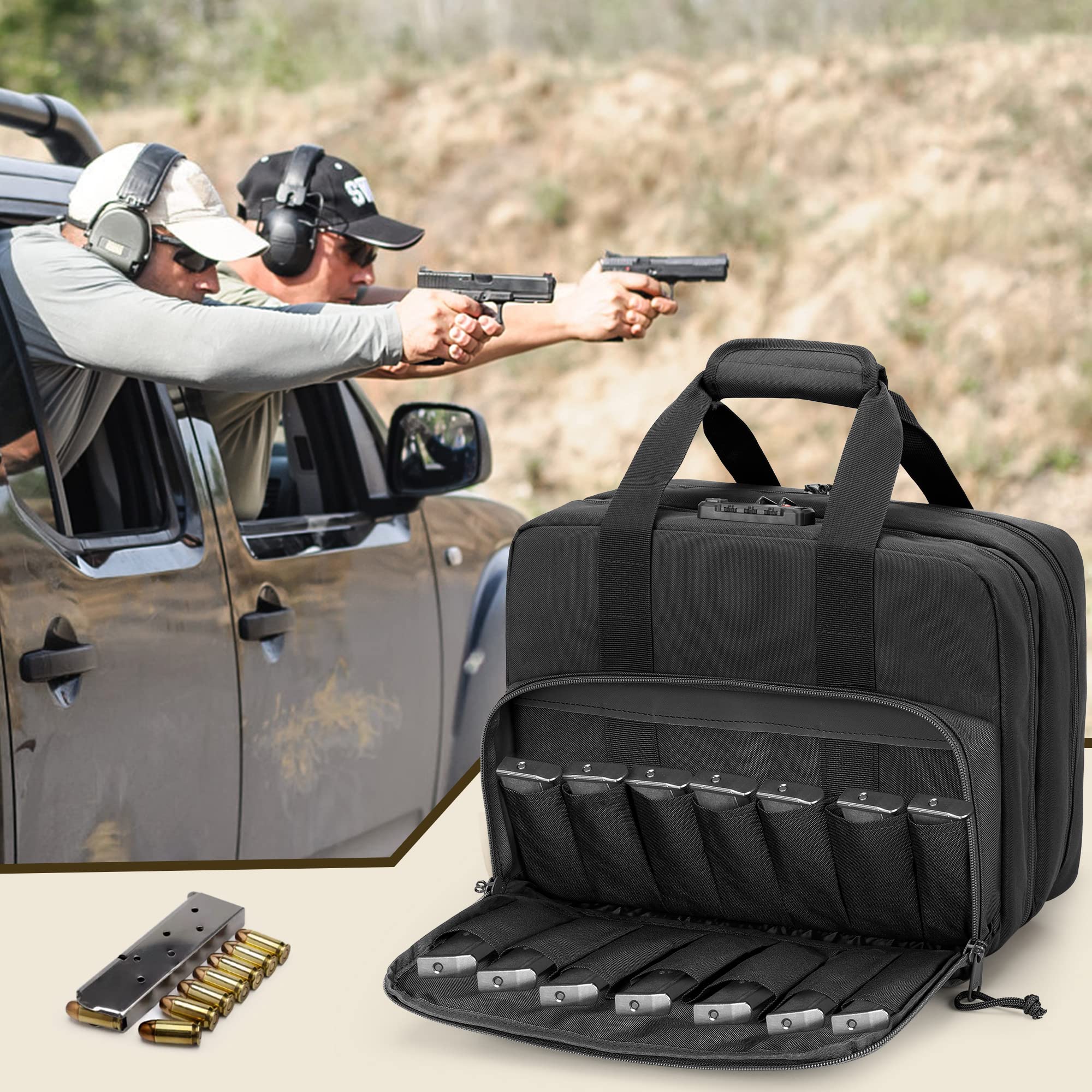 GOBUROS Gun Tactical Range Bag für 4 Handfeuerwaffen und Munition, Duffle Pistolentasche mit TSA-Schloss und 14x Magazinfächern für den Jagd-Schießstand-Sport