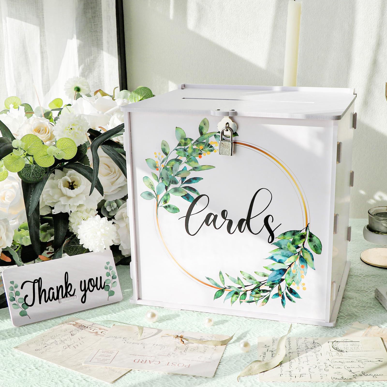 Scatola per carte di credito, in PVC con lucchetto, 25 x 25 x 21 cm, per matrimonio, per ricevimenti di nozze, feste, lauree, feste di compleanno, ecc. Bianco