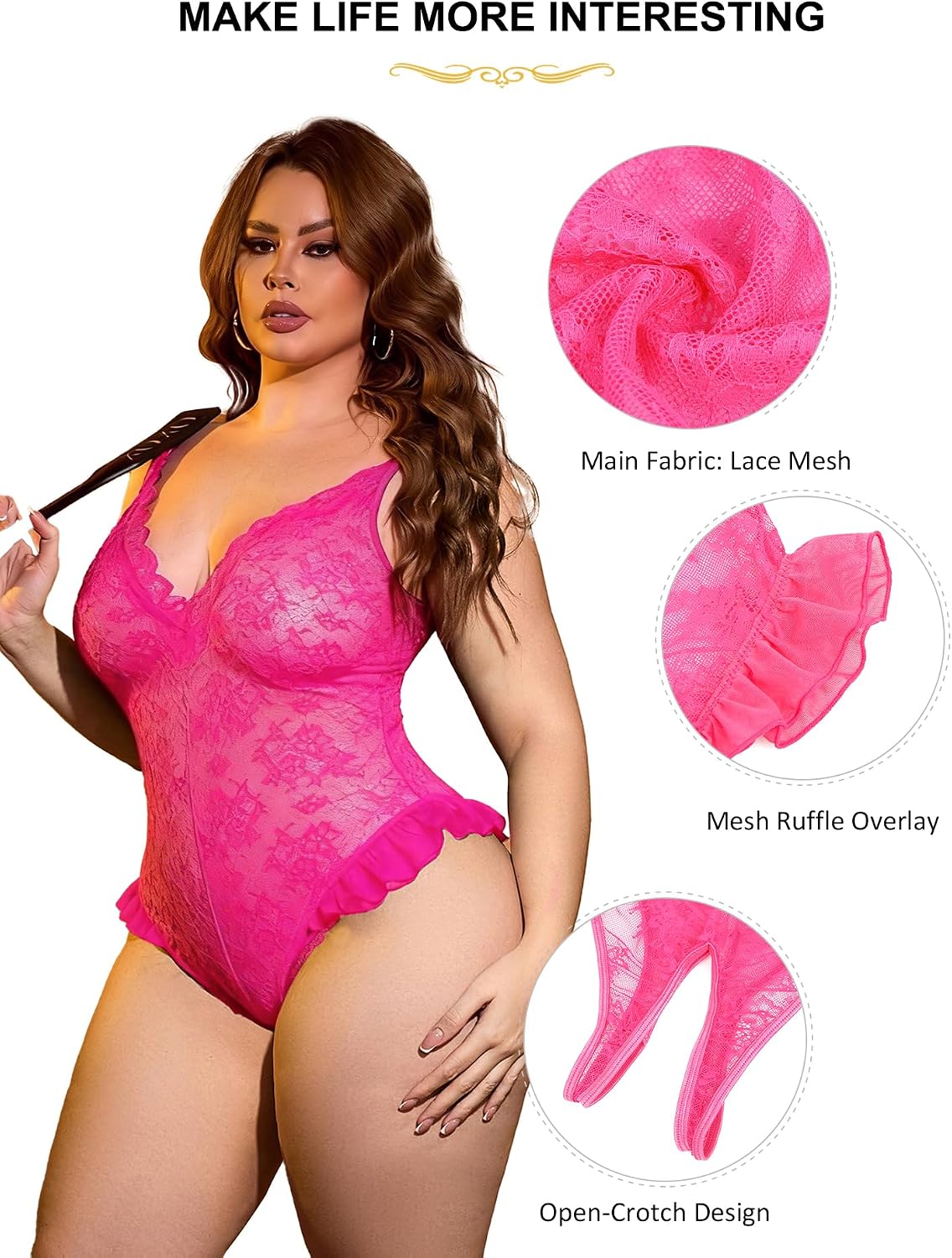 ohmydear Womens Plus Size Crotchless Lingerie Lace Teddy Deep V Neck Halter Bodysuit One Piece Babydoll