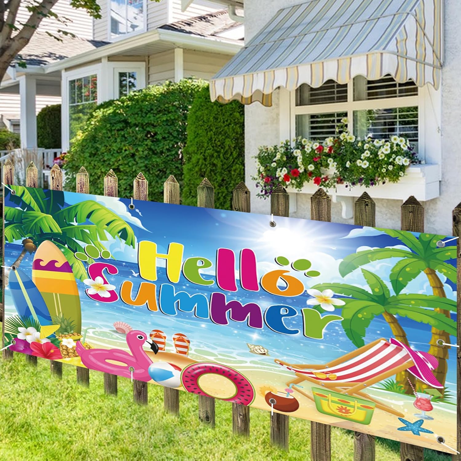 CSFOTO 7x16ft Hello Summer Garage Door Decorative Banner Beach Pool Party Decoration Banner Outdoor Large Garage Door Cover Summer Vacation Portrait Photography Props