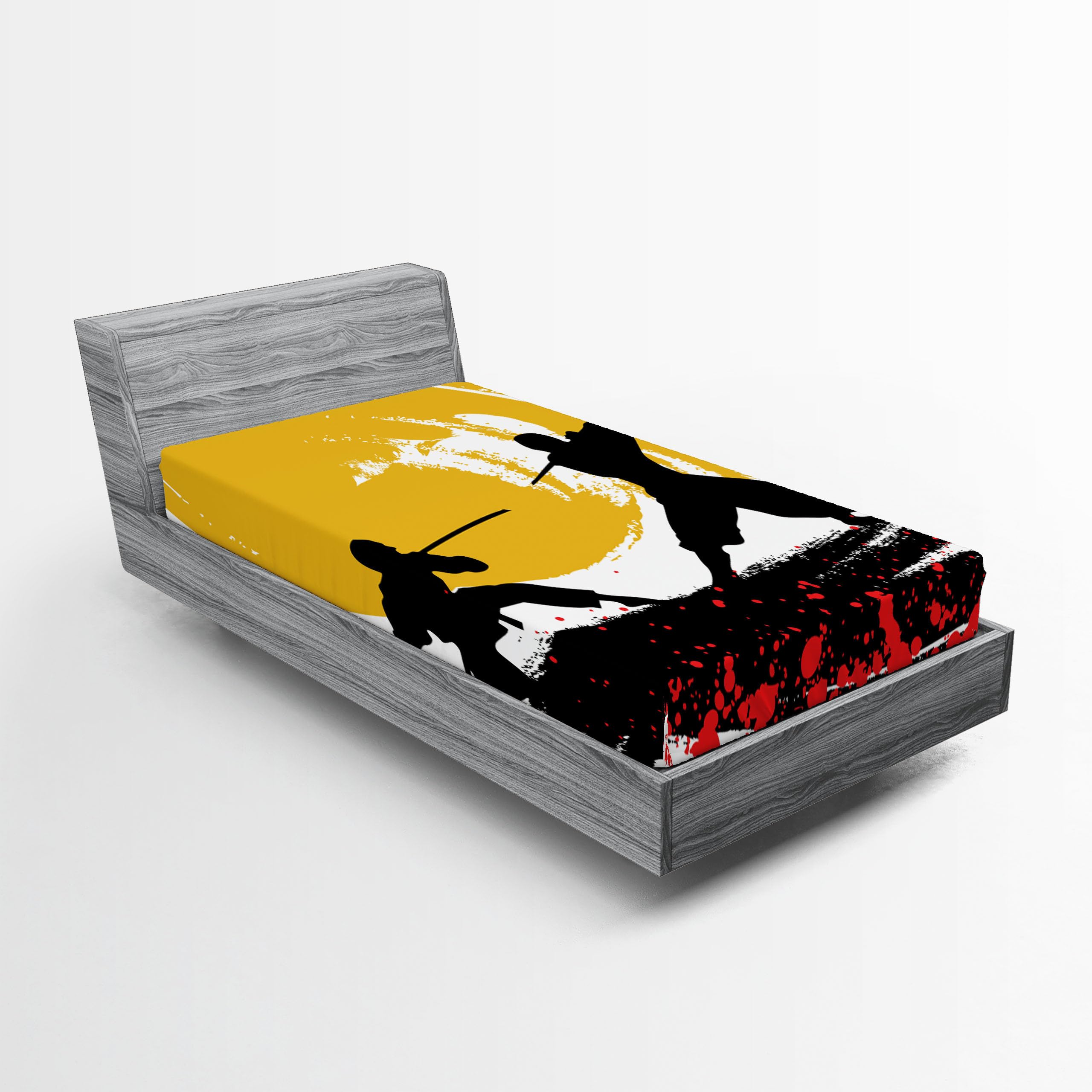 Ambesonne Japanese 2 Pack Fitted Sheet, Watercolor Style Ninja, Bed Cover All-Round Elastic Deep Pockets 2 Pieces, Package Contains 2 Twin Size Fitted Sheets, Vermilion Mustard