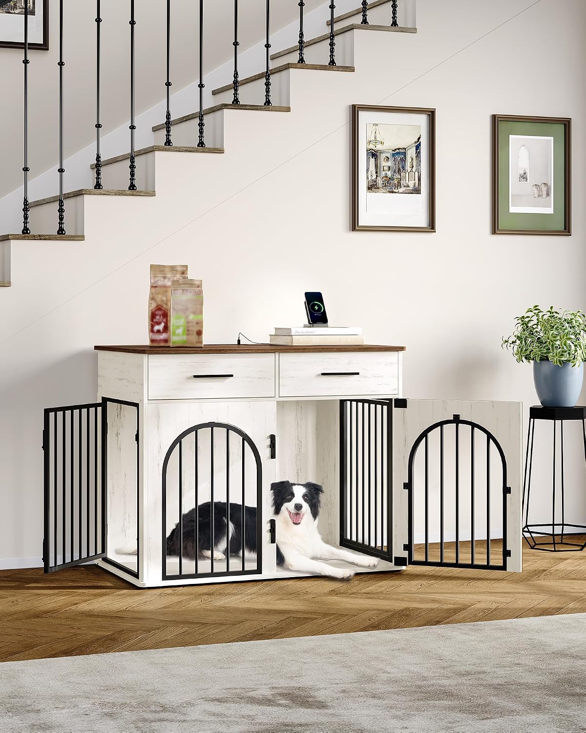 Hzuaneri 39.4'' Large Dog Crate Furniture with 2 Storage Drawers, Heavy Duty Dog Kennel Indoor with Charging Station, Wooden Dog Cage End Table Kennel for Medium/Large Dogs, White Brown DFC84214B