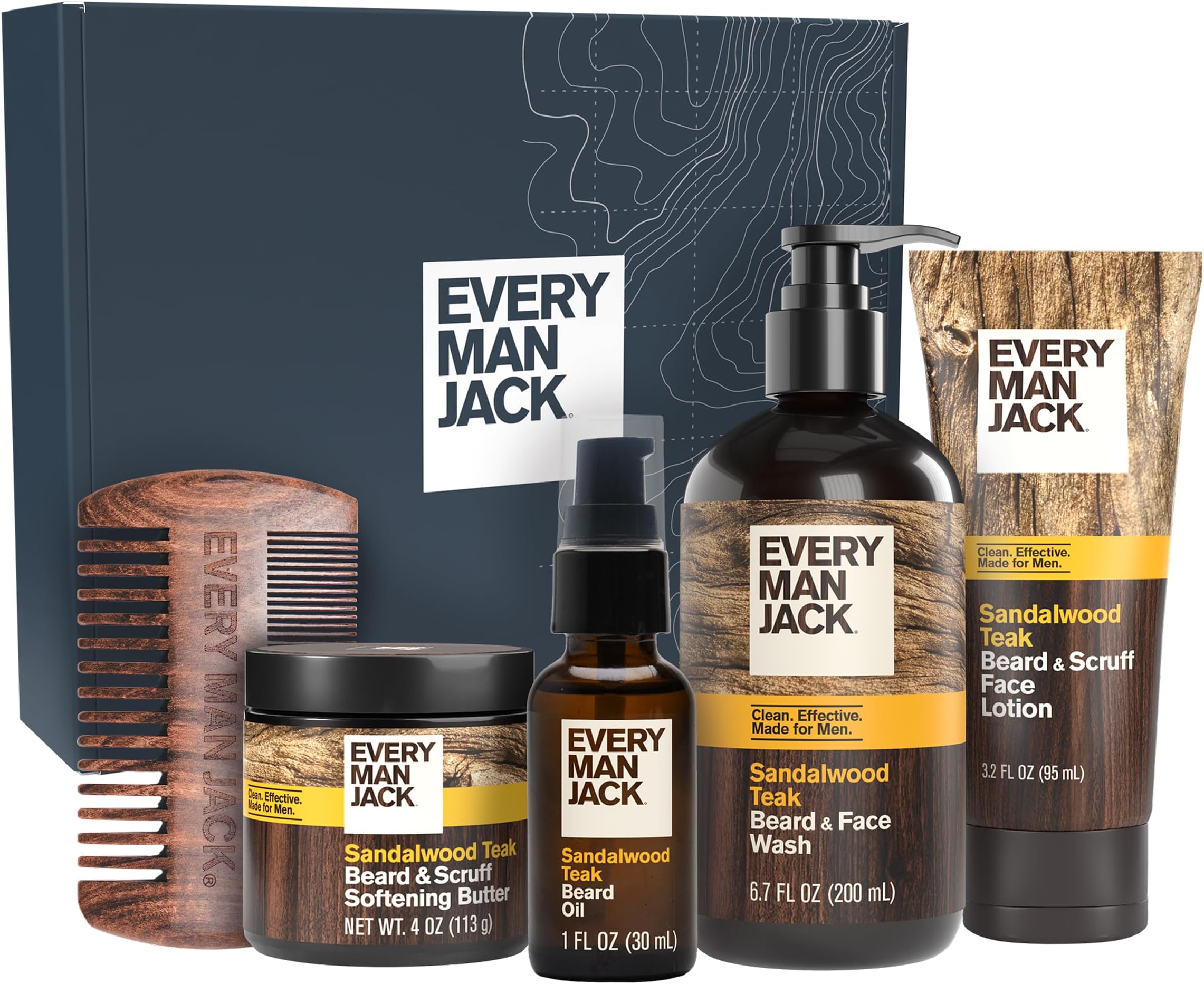 Every Man Jack Complete Beard Care Kit for Men, Sandalwood Teak, Gift Set