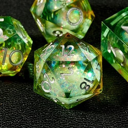 MS hong Sharp Edge - Juego de dados DND de resina de 7 piezas, color verde menta, arena movediza con purpurina líquida, juego de dados de mazmorras