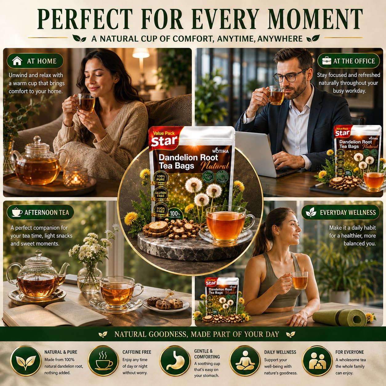 WOTIHA 60 Count Premium Dandelion Root Tea Bags - 100% Natural Roasted, Supports Liver & Kidney Health, Digestion & Immunity, Caffeine-Free, Additive-Free, Gluten-Free, Vegan. thumbnail