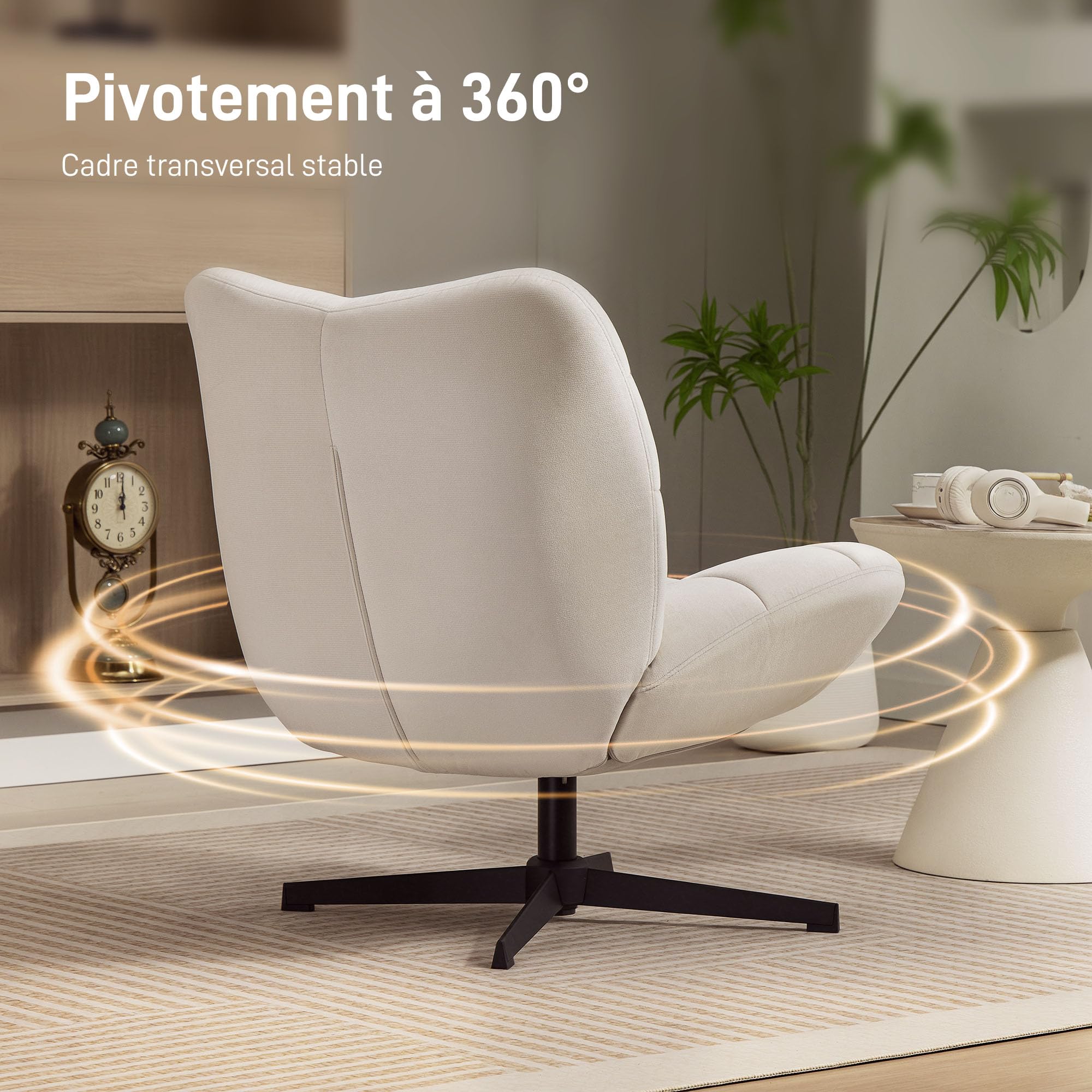 HOMCOM Fauteuil Salon pivotant à 360° en Chenille sans Accoudoirs Crème | Chaise Rembourrée, Assise et Dossier Extra-Larges, Pieds Croisés en Acier, Fauteuil de Chambre, Salon, Bureau
