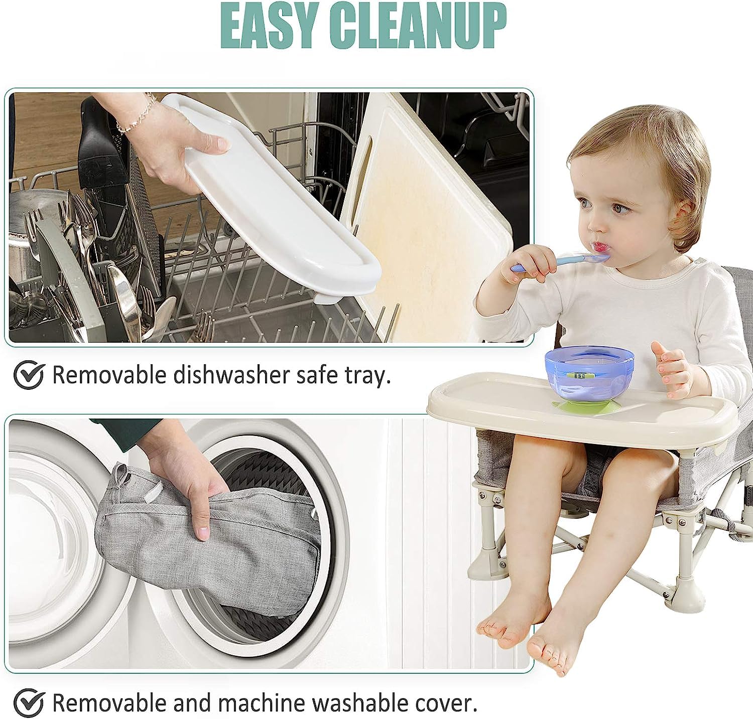 Olpad Baby Seat Booster High Chair, Portable Space Saving Chair, Folding Feeding Safety Belt, Food Tray, Travel Bag, Aluminum Alloy Children Dining Chair, Grey 1