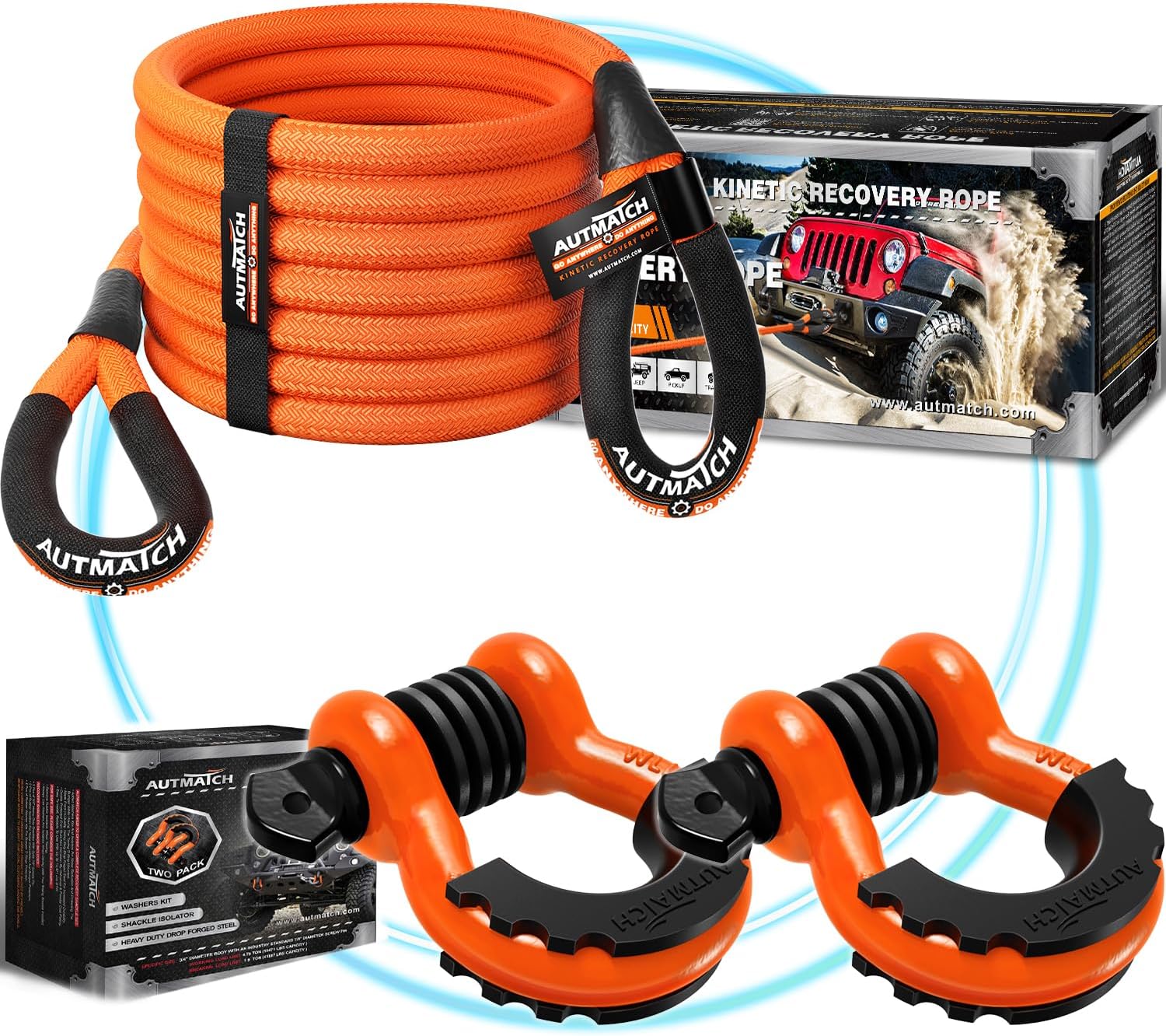 AUTMATCH Kinetic Recovery Tow Rope 1" x 20FT with 3/4" D Ring Shackle, Heavy Duty Offroad Snatch Strap 48000Lbs for 4x4 Off-Road Vehicle, Truck, Trailer, ATV, UTV, Orange