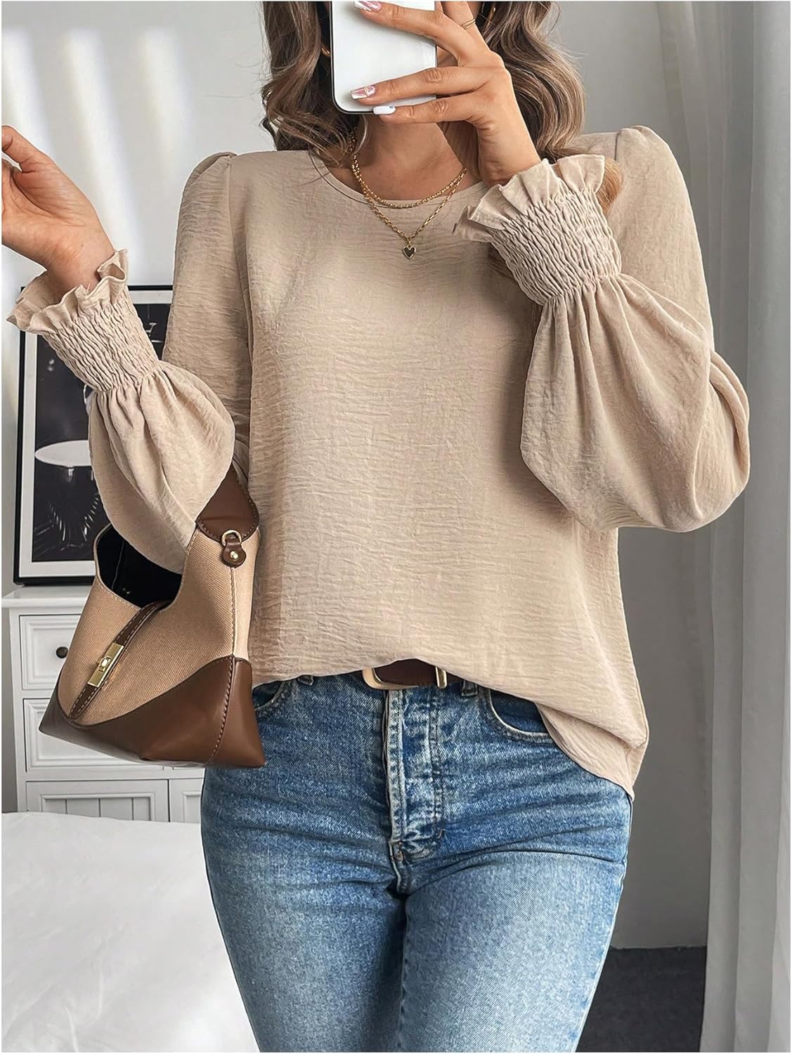 MakeMeChic Women's Bell Sleeve Frill Trim Shirred Crew Neck Office Shirt Blouse Tops - Image 6