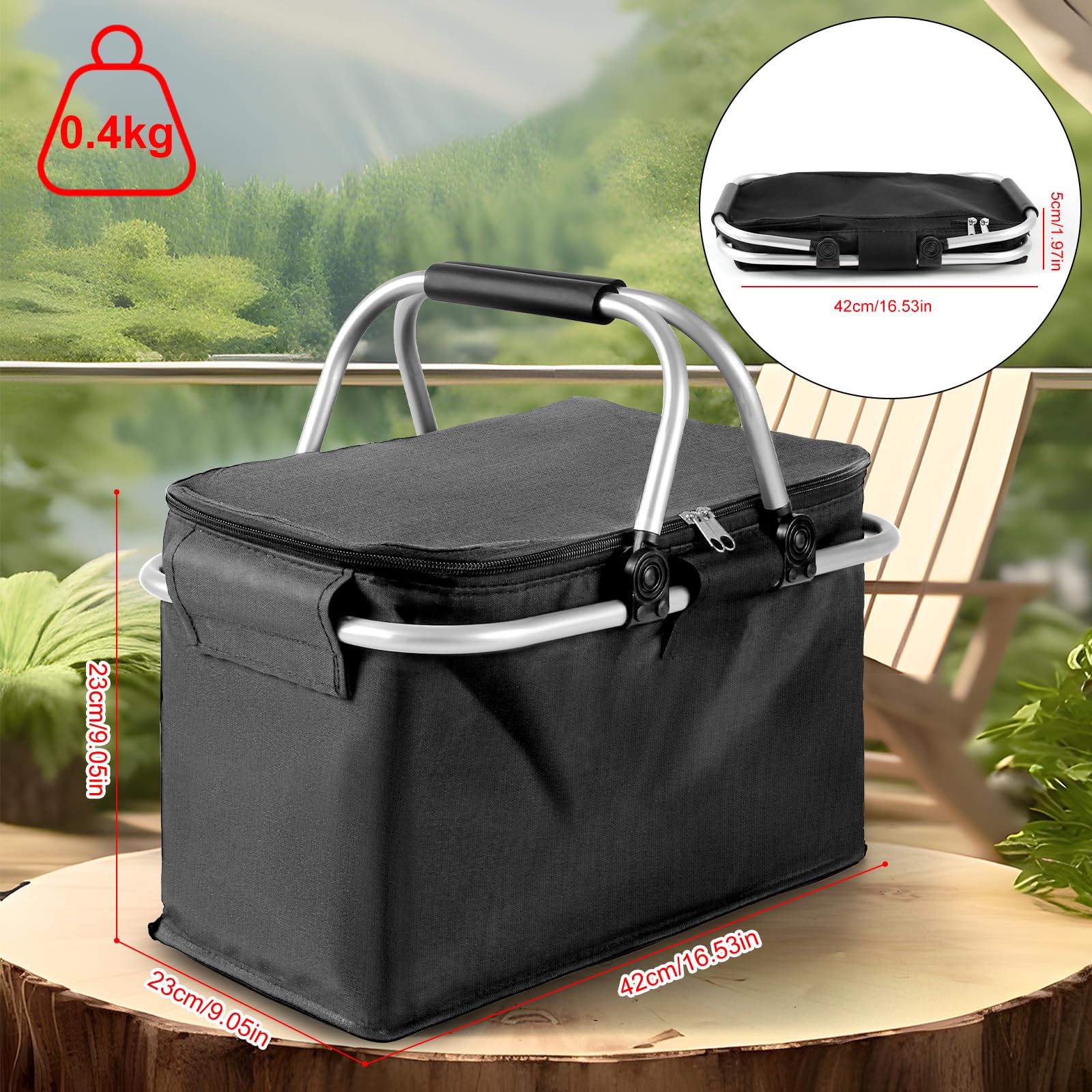 Cesta de Picnic, Comius Sharp Cesta de la Compra Plegable de 18,5 L, Cesta de Picnic Plegable con Aislamiento, Mango de Aluminio Portátil Deslizante, Cesta de la Compra para Trabajo/Viajes/Compras