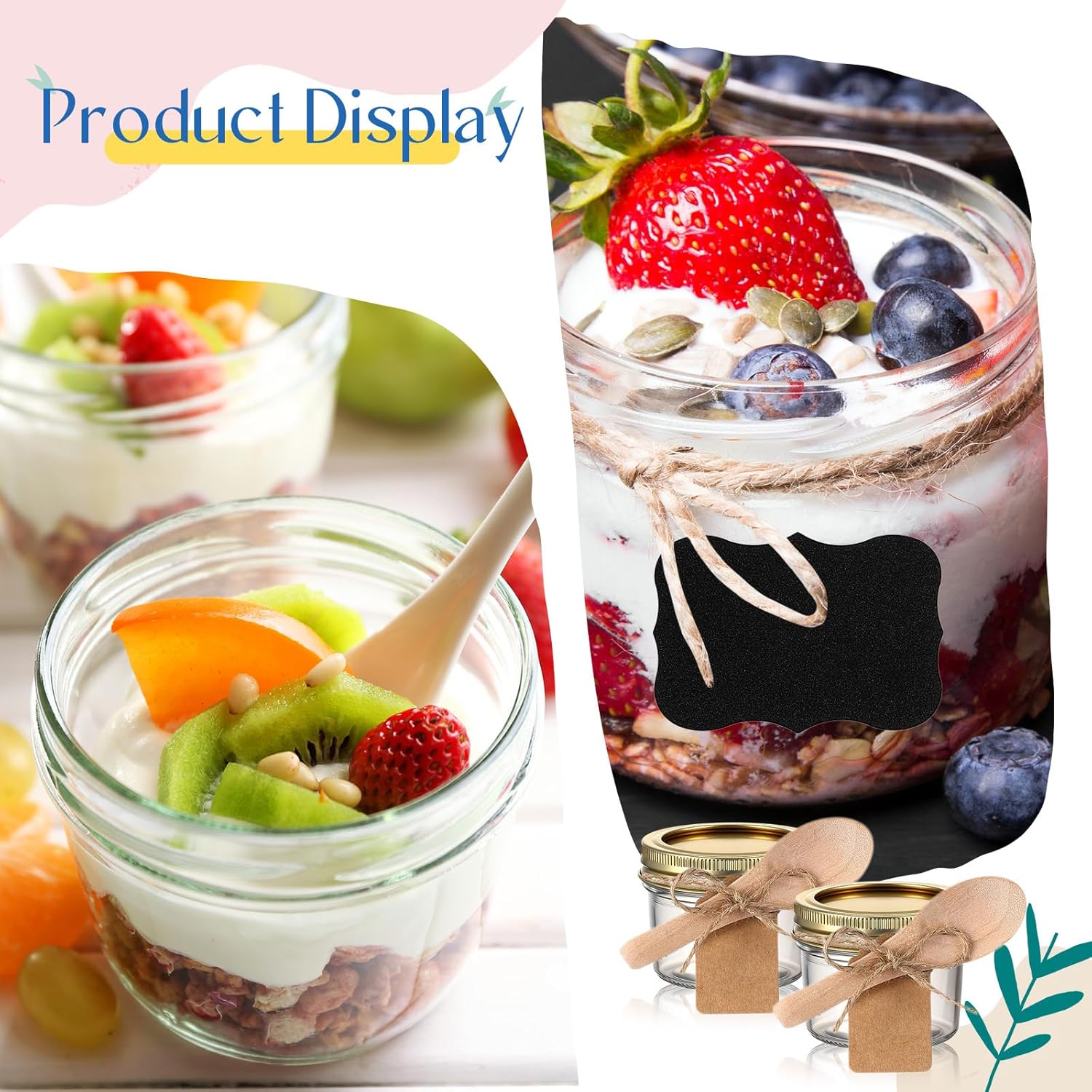 Baderke 20 Set Mini Mason Jars with Wood Spoon 4 oz Mini Jam Jars with Lids and Labels, Small Glass Canning for Jelly Spice Herbs Honey Storage Bridal Shower Wedding Favors DIY Candles (Gold)