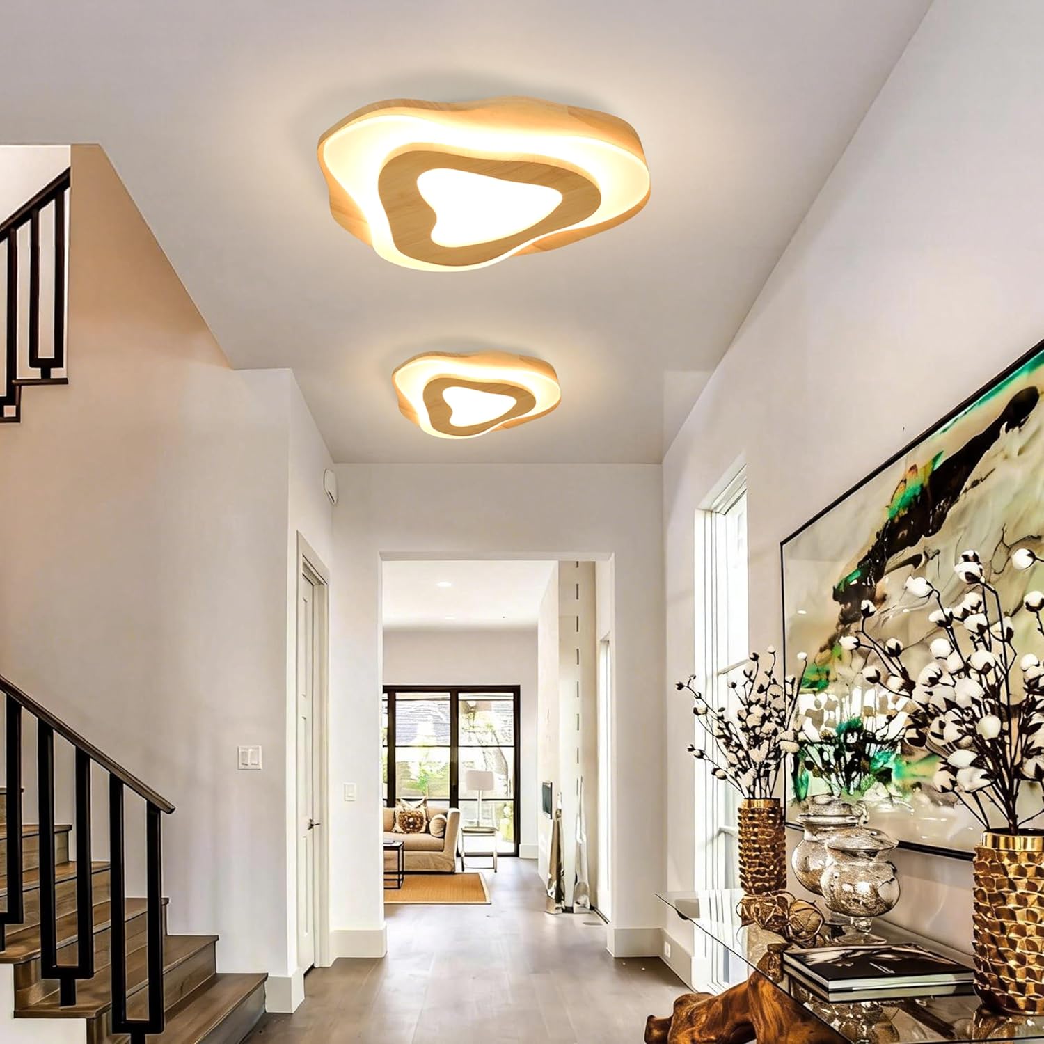 Littleglovo 15.7" Modern Flush Mount LED Chandelier for Dining Room, Dimmable Natural Wood Petal Energy Chandeliers Ceiling Light for Entryway Bedroom Foyer Kitchen Living Room Bathroom