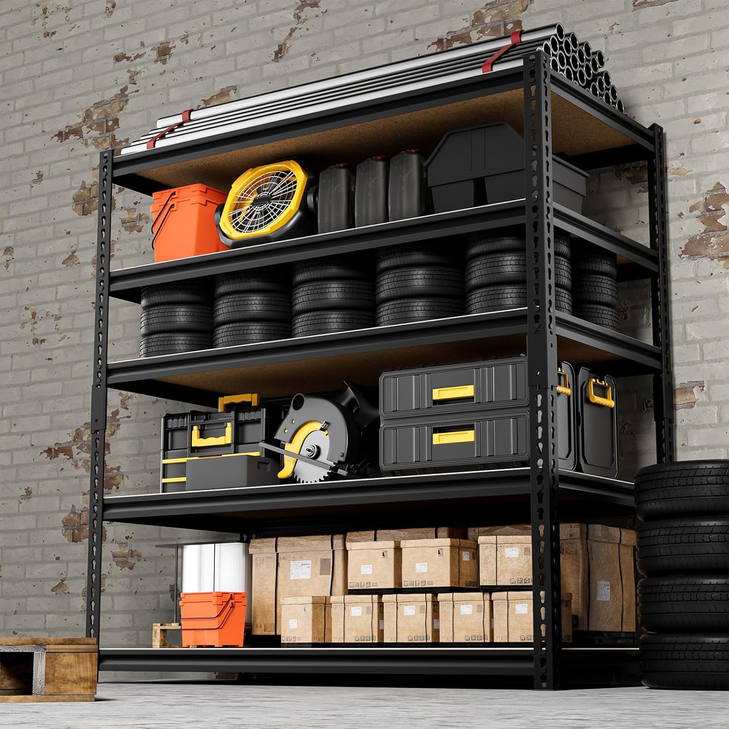 5-Tier Heavy-Duty Garage Shelving 48”W X 24”D X 71”H 3000LBS Capacity Industrial-Grade Shelving Adjustable Metal Shelves Includes Matte Polypropylene Spacers (Black) 2 Pack