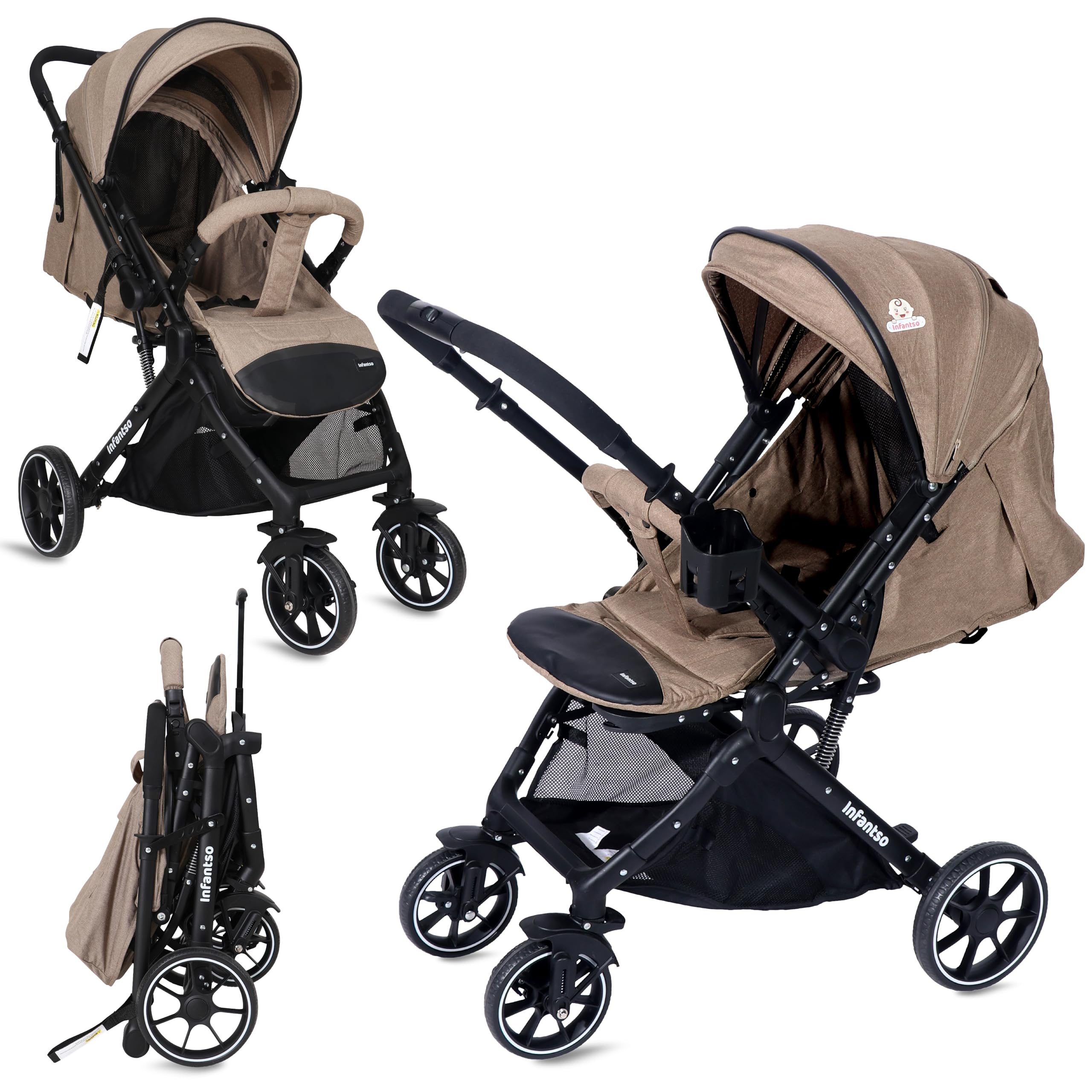 Infantso GlideX Premium Baby Stroller / Pram, Reversible Handle, One-Hand Fold and 360° Rotating Wheels,, Travel Friendly, 5 Points Safety Harness, Extendable Canopy, Multilevel Recline, Adjustable Footrest, Easy Fold, Shock Absorption Wheels, for babies 0 to 3 years ( Khaki )
