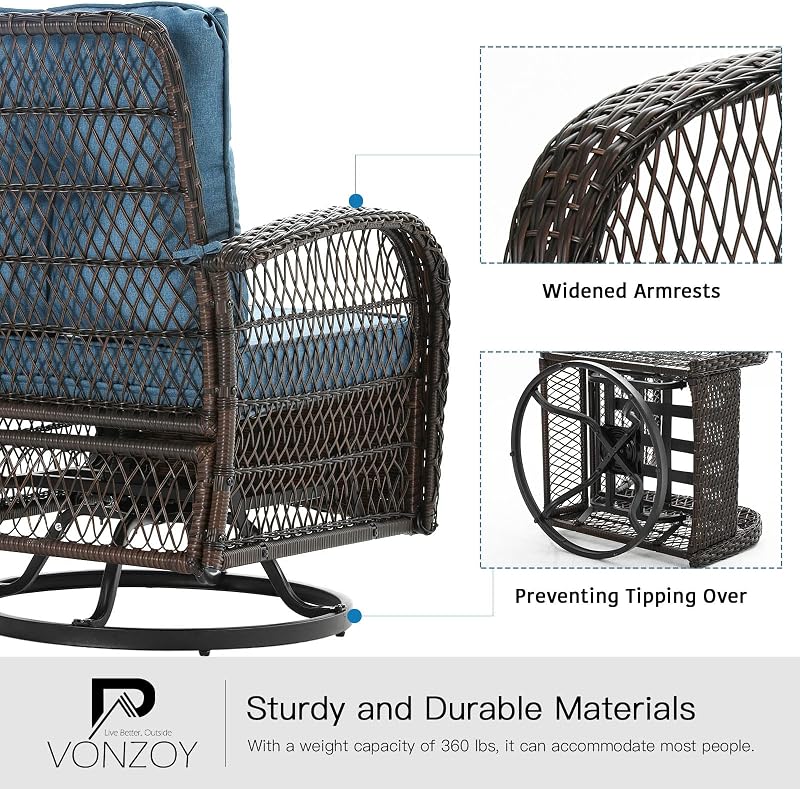 Patio Furniture Set 3 Pieces, Outdoor Swivel Glider Rocker Bistro Set, Blue image 4