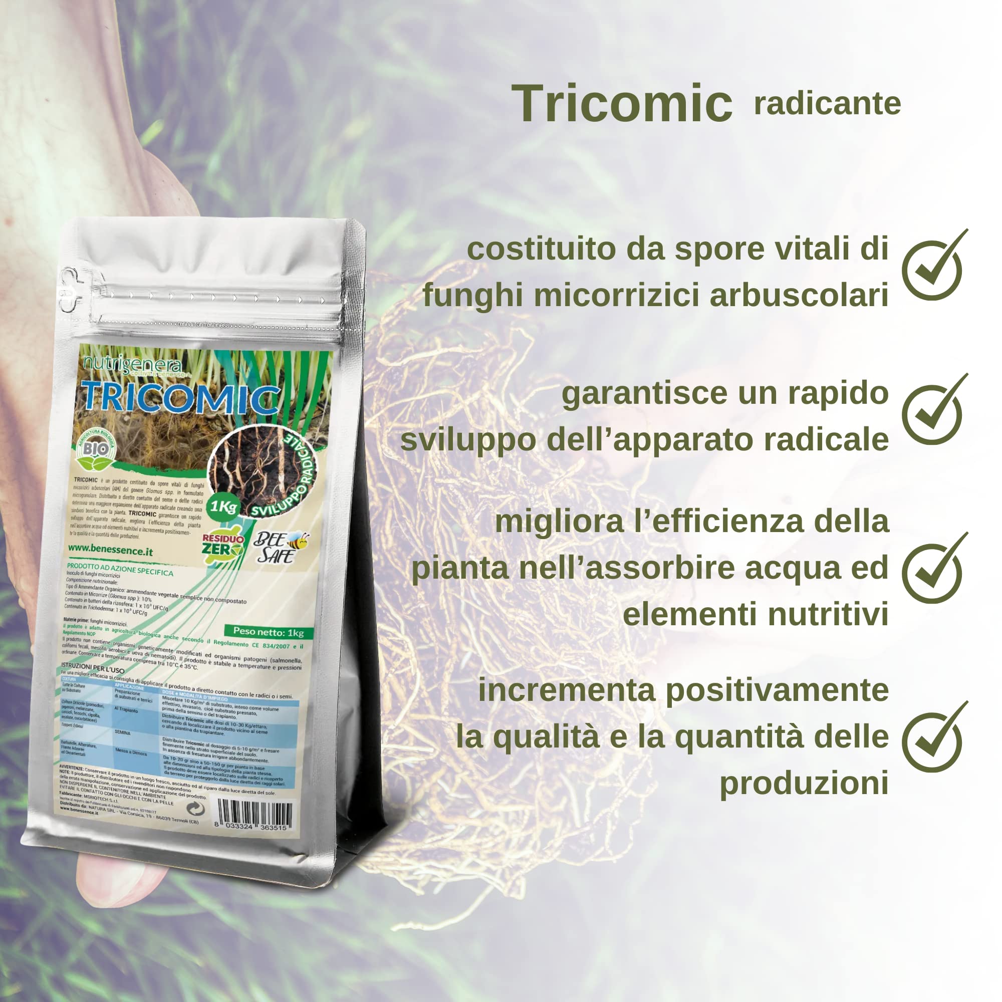 Nutrigenera - Tricomic Bio – Inoculo di funghi micorrizici, Beauveria bassiana, Metarhizium – Stimola l’espansione radicale – 1 Kg