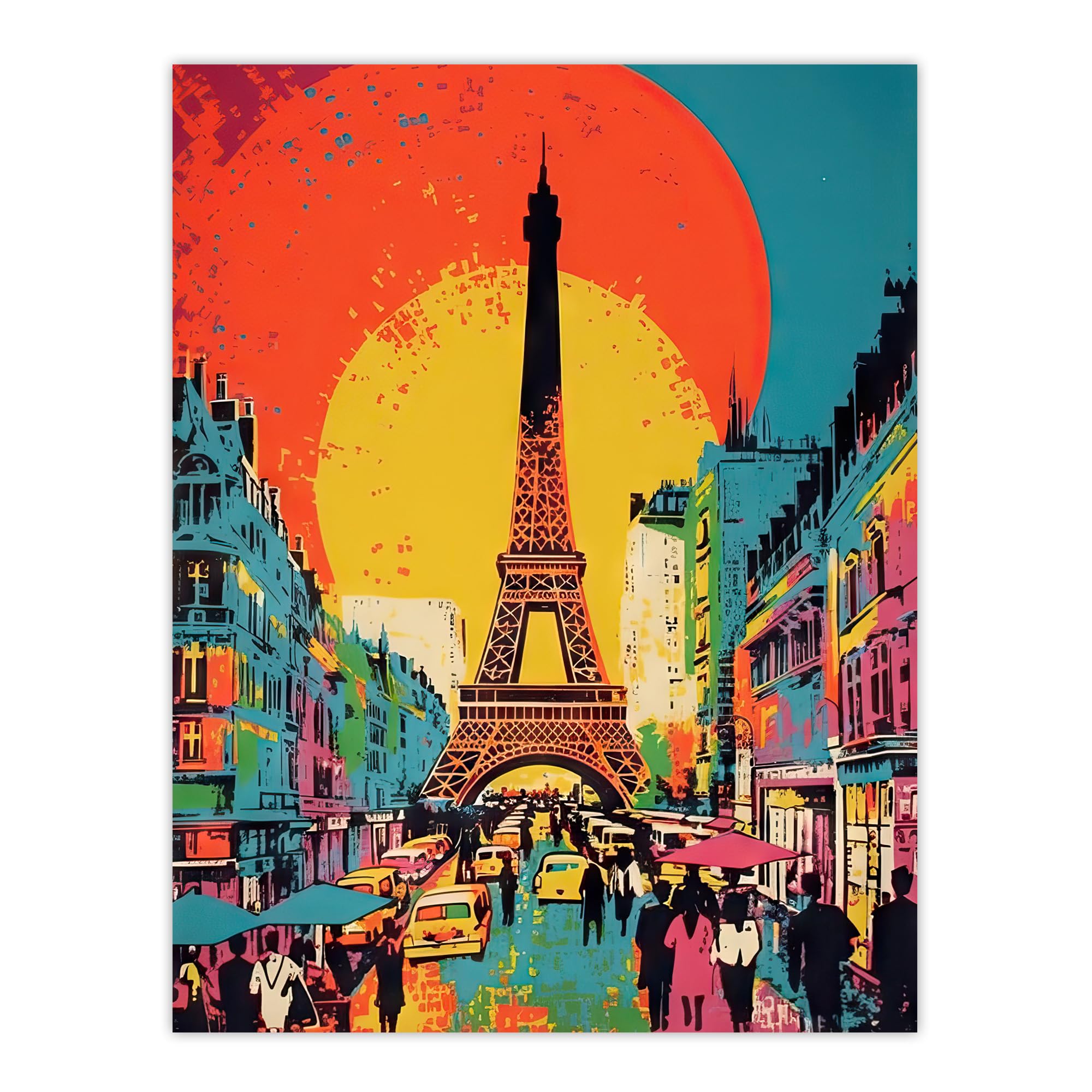 Artery8 Eiffel Tower Sunset Vibrant Painting Busy Paris Street Pedestrians Walking To Monument Extra Large XL Wall Art Poster Print