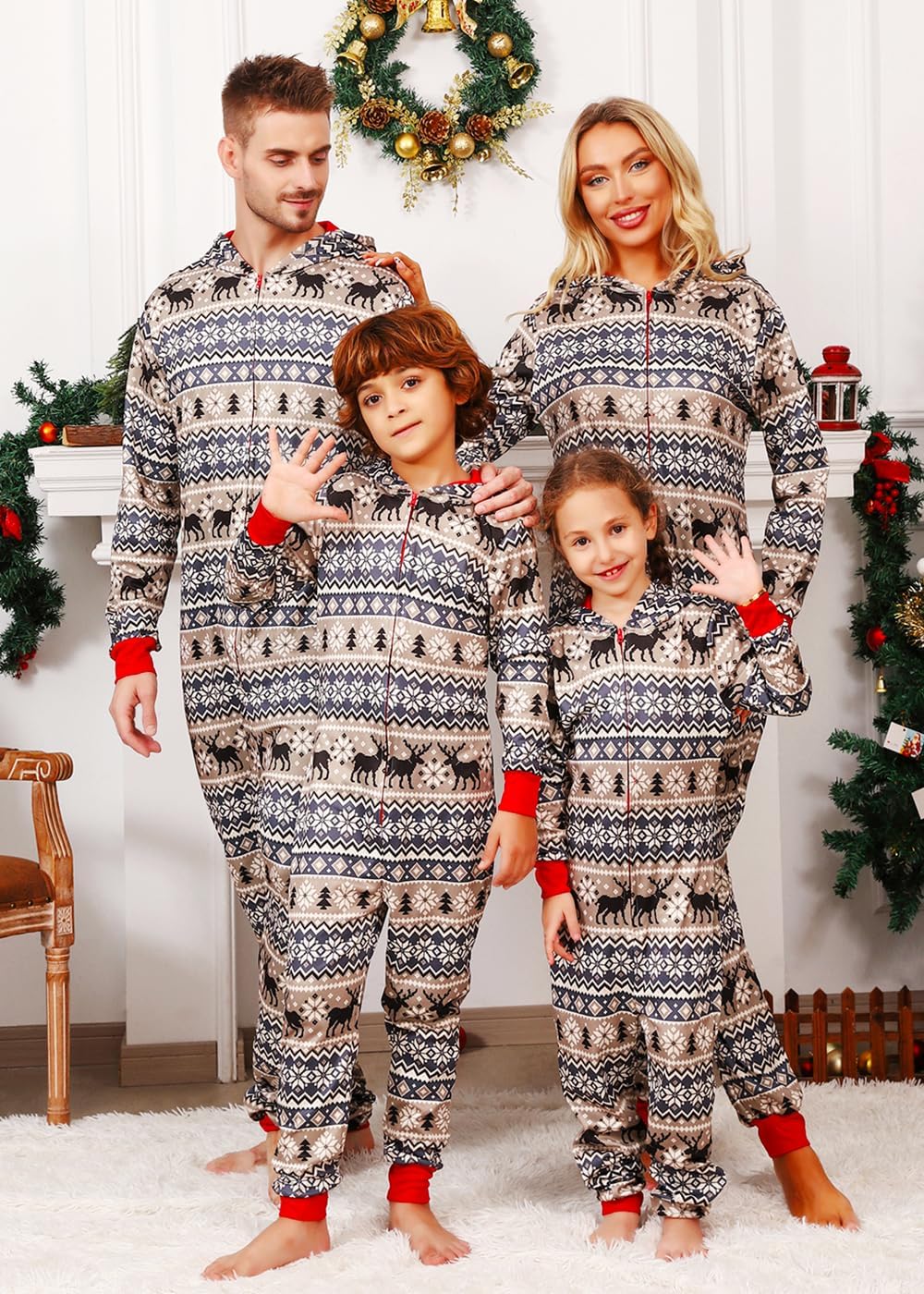 VNVNE Matching Christmas Onesie Pajamas Set for Family/Couples/Women/Men, One Piece Xmas Pjs Hooded Zipper Printed Sleepwear - Image 2