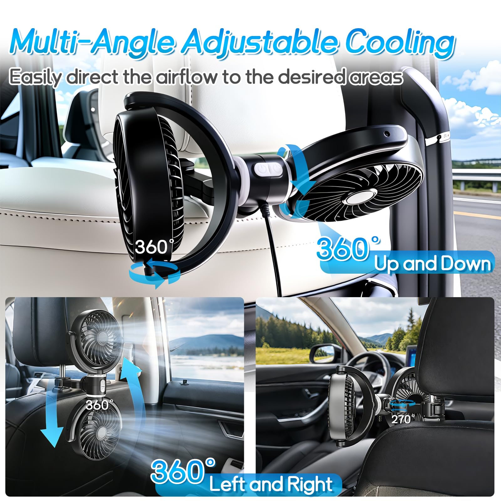 D-Lumina Ventilatore per auto da 12 V, doppia testa, girevole a 360°, con 3 velocità, ventilatore USB, ventilatore a clip per veicoli come berlina, SUV, RV per sedili posteriori