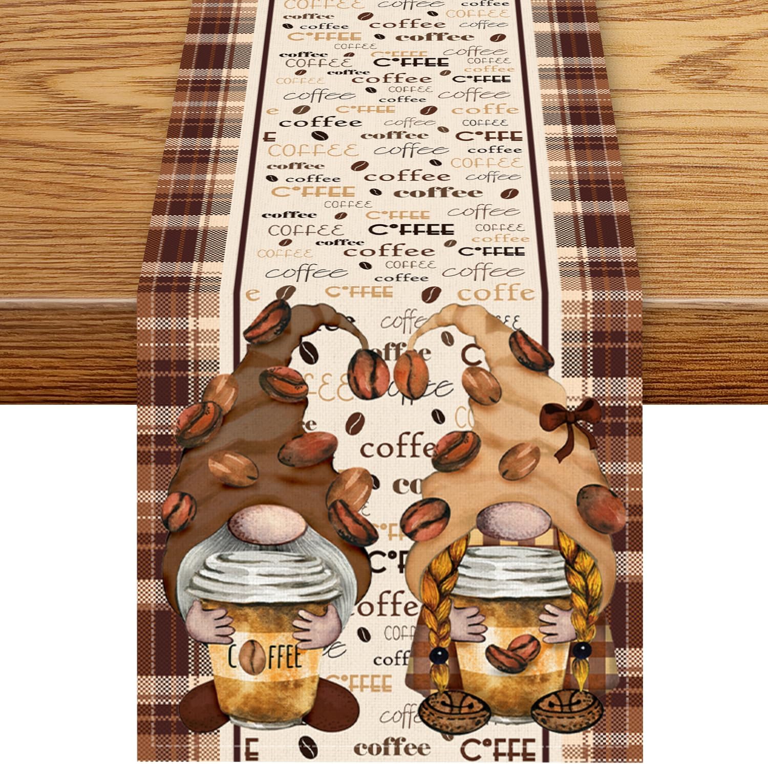Coffee Time Table Runner, Farmhouse Retro Brown Plaid Gnomes Cafe Cup Theme Bean Drinks Rustic Coffee Table Center Decor for Kitchen Dining Holiday Home Party Table Decorations, 13"x108"