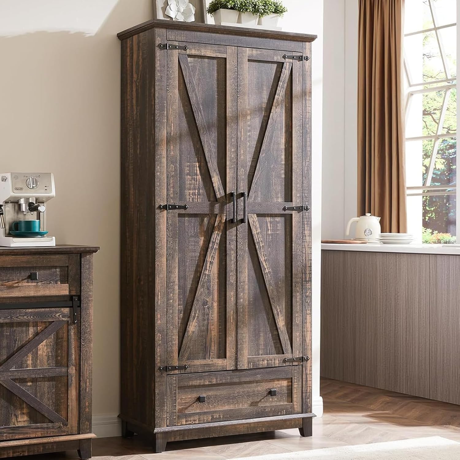 AMERLIFE 72″ Tall Kitchen Pantry Storage Cabinet, Adjustable Shelves and Drawer, Farmhouse Food Pantry Cabinet for Kitchen, Living Room, Dining Room, Antique Oak AMERLIFE 72″ Tall Kitchen Pantry Storage Cabinet, Adjustable Shelves and Drawer, Farmhouse Food Pantry Cabinet for Kitchen, Living Room, Dining Room, Antique Oak