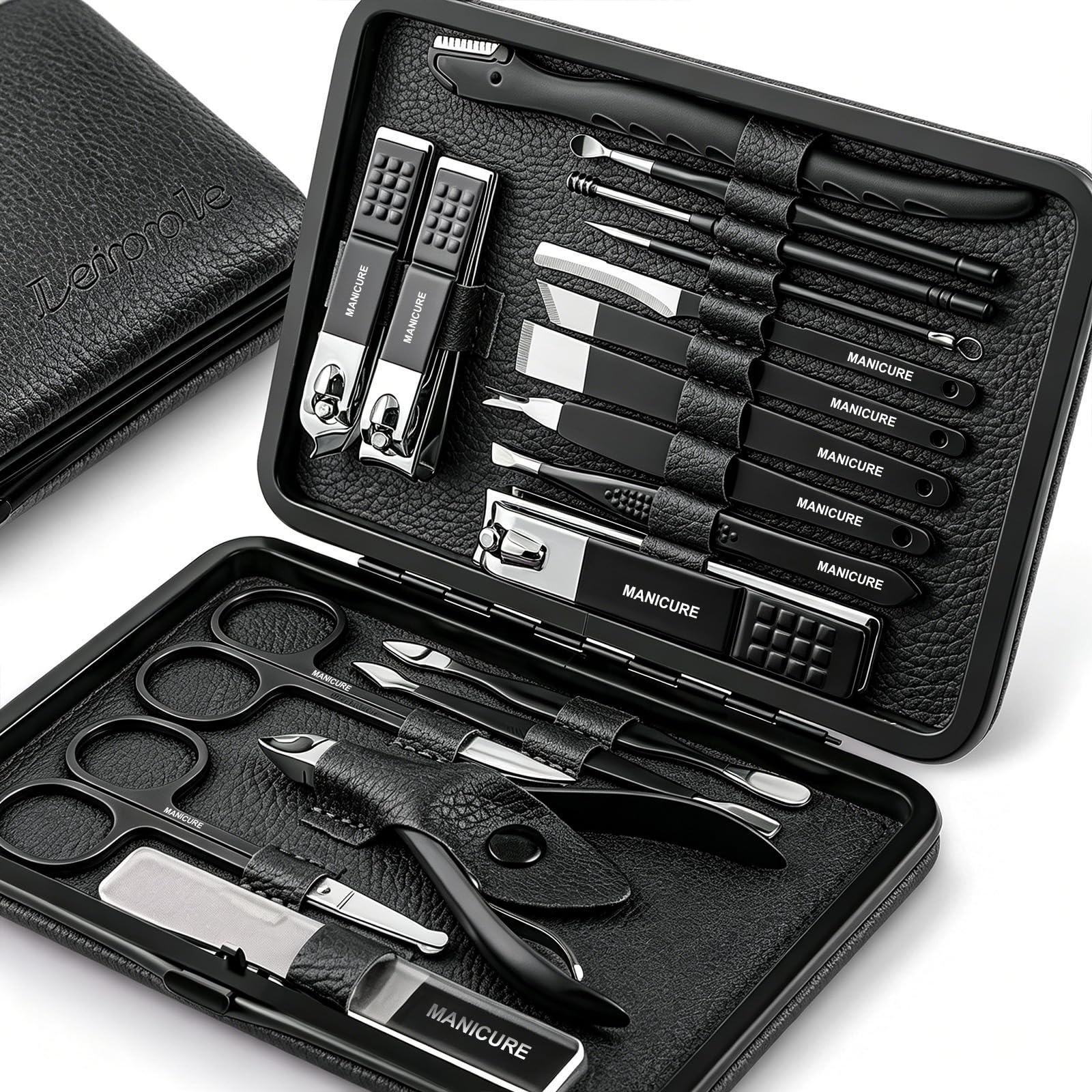 Leipple Manicure Kit Professional Nail Clipper Set-18 Pieces, Black | Stainless Steel Manicure Set, Nail Care Tools with Travel Case for Men & Women, Hand & Foot Care, Gift for Family & Friends