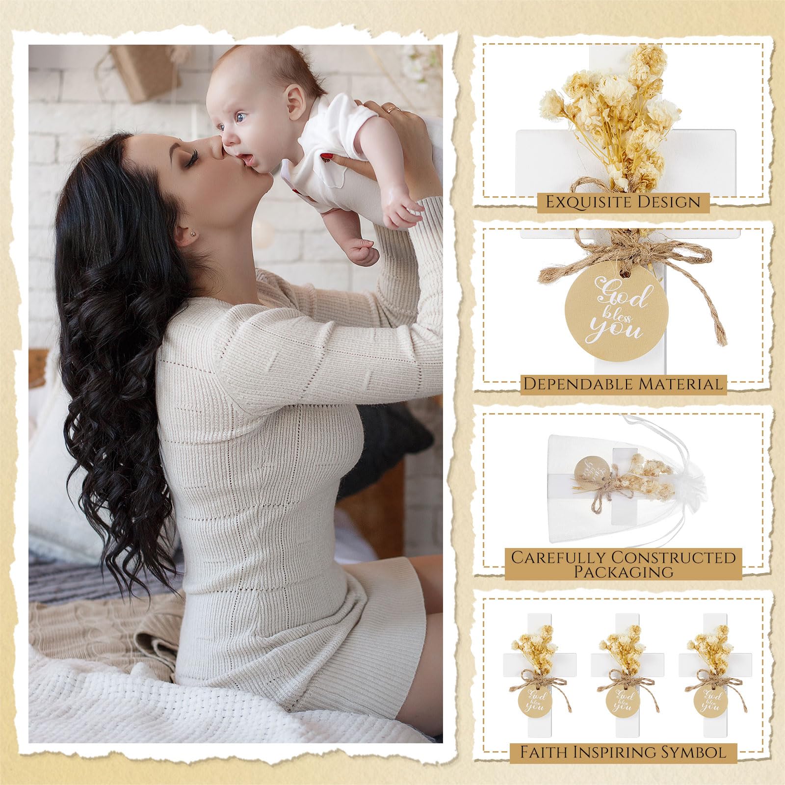 Flutesan 36 Sets Taufgeschenke für Gäste, Erstkommunion, Holz-Kreuzmagnete mit Blume und Tasche, für Taufe, Party, Familientreffen, Babyparty, Taufgeschenk