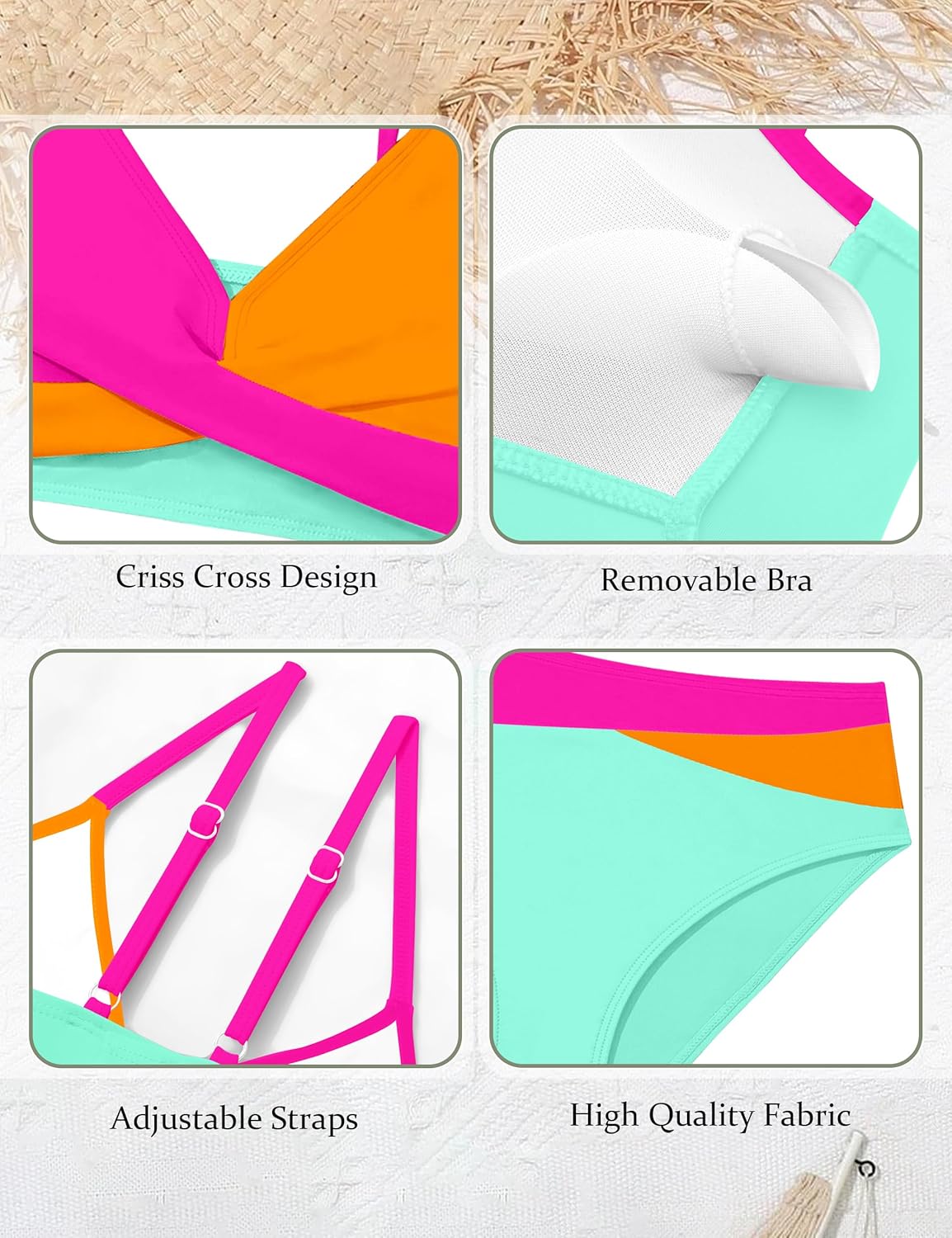 WIQI Girls Swimsuit Bikini Set 2 Piece Bathing Suits Color Block Criss Cross Swimwear Size 9-16 - Image 6